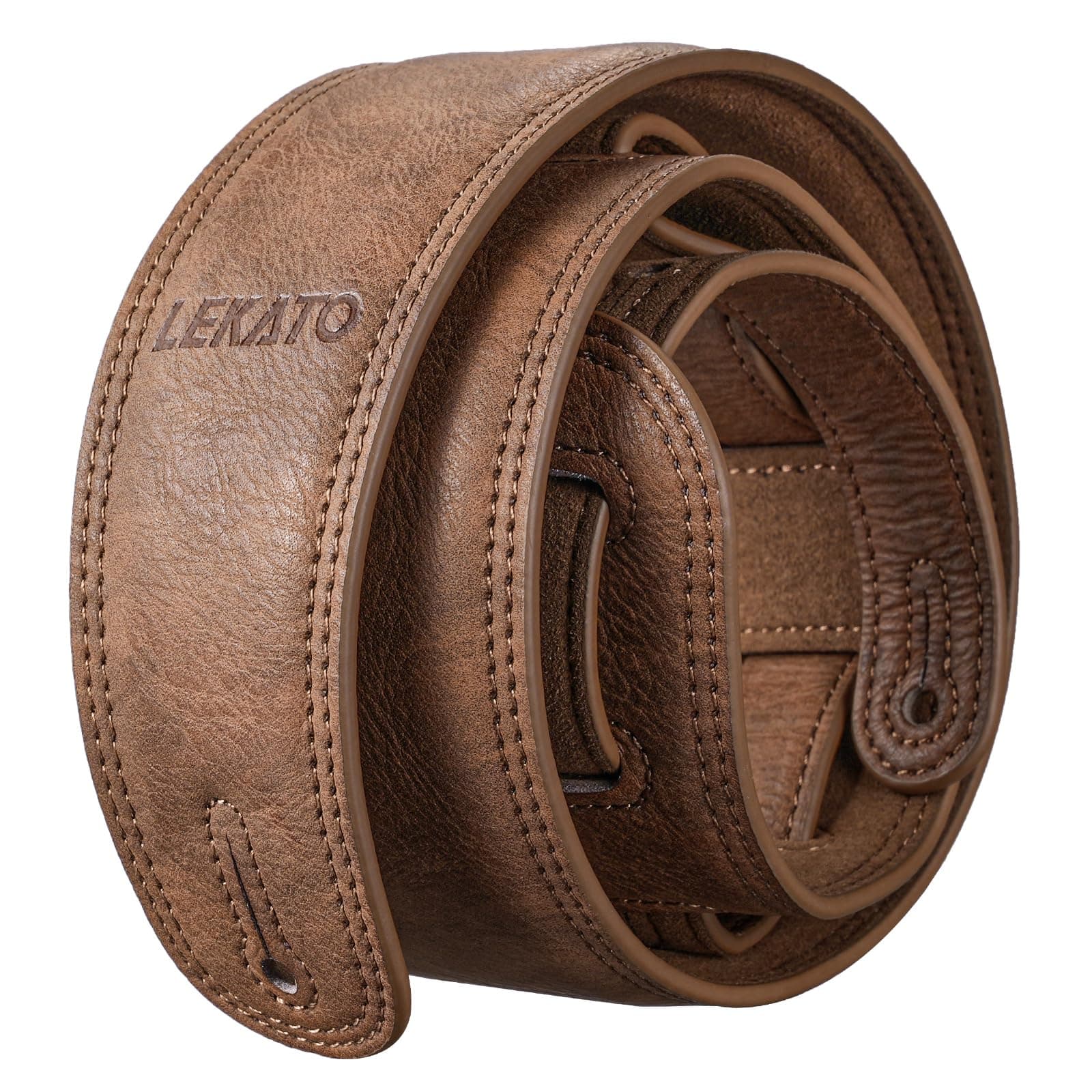 LEKATO Electric & Bass Guitar Strap 2.5" Wide Padded Brown Leather Adjust to 41-51"