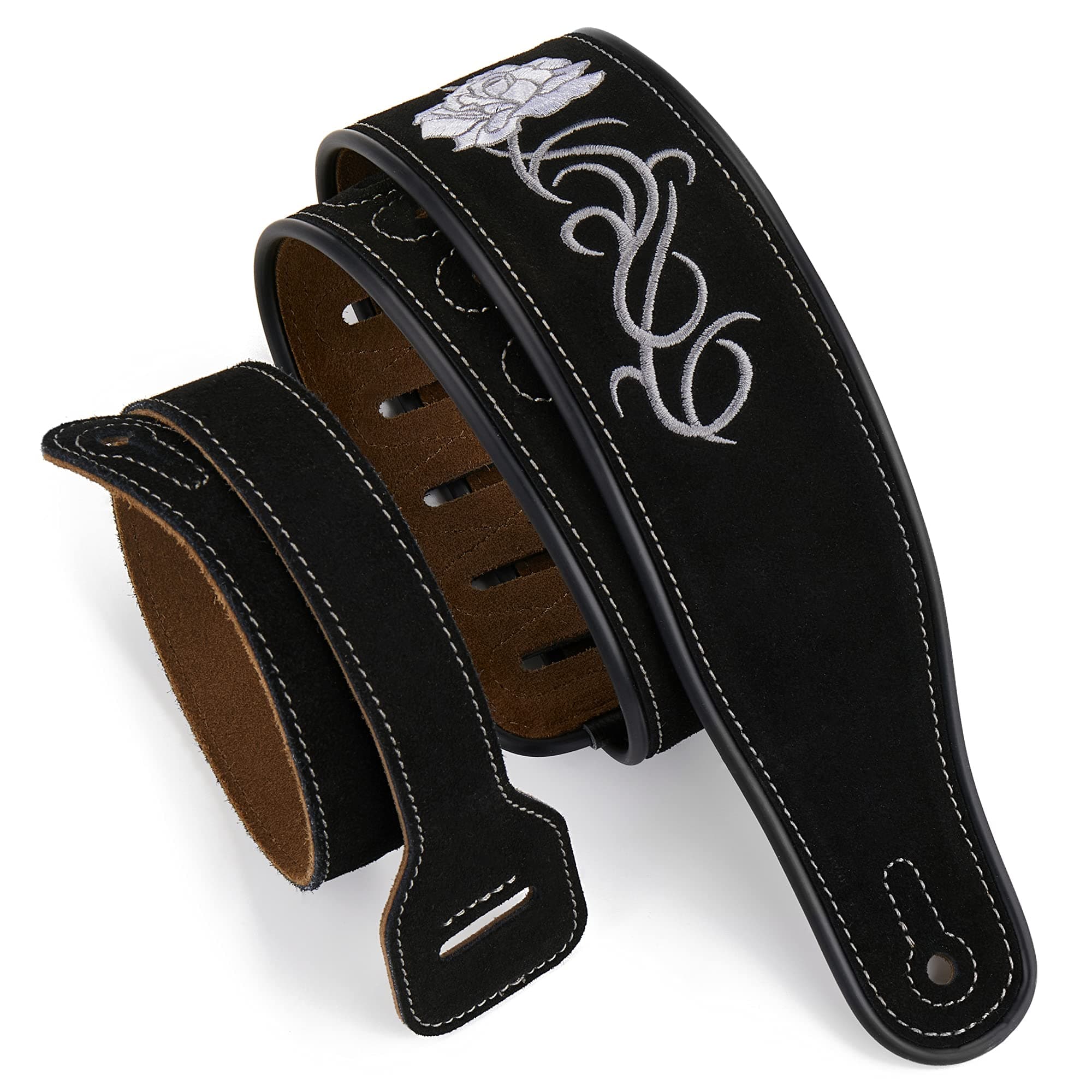 Amumu Black Suede Leather Flower Embroidered Guitar Strap
