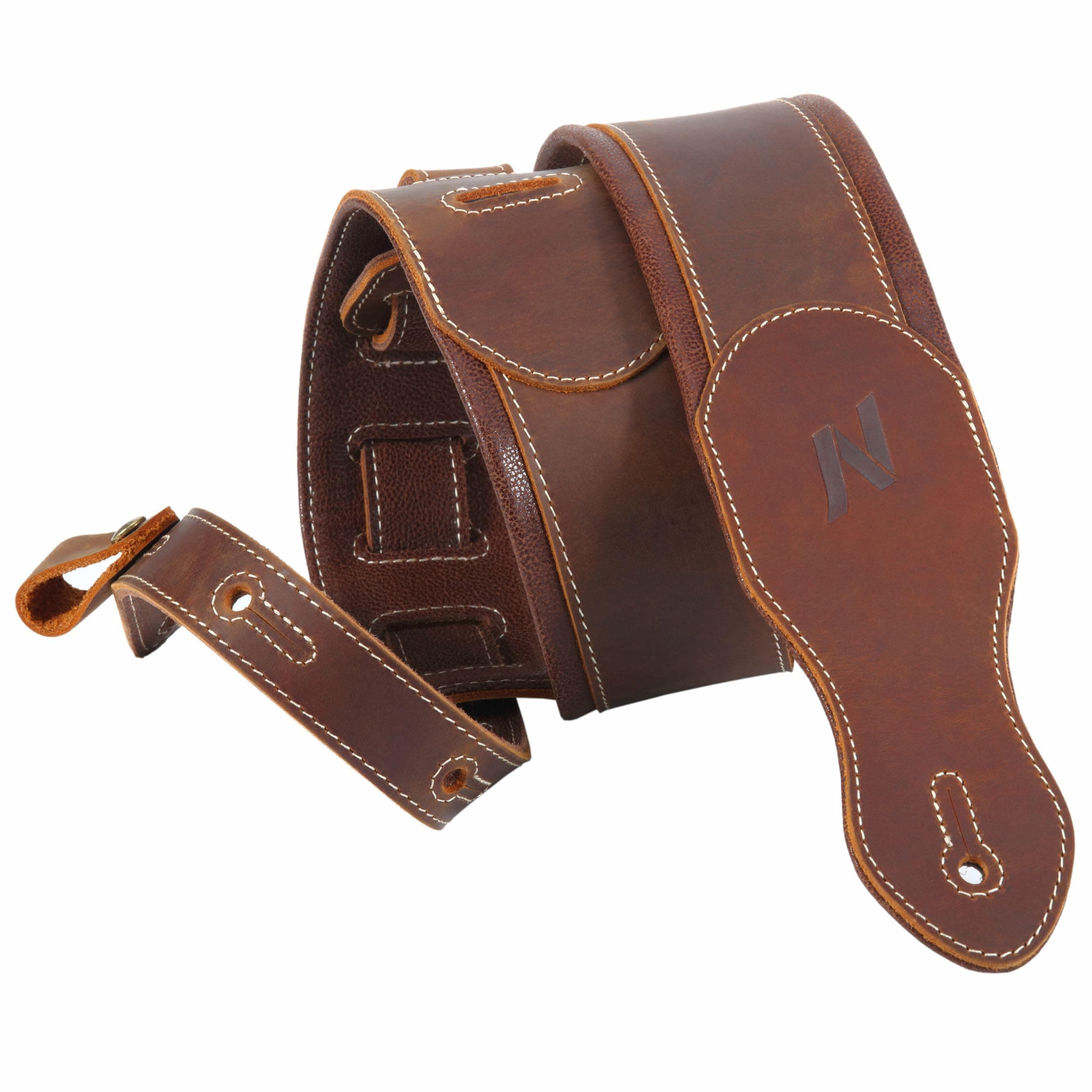 Vintage Brown Double Layer Full-Grain Leather Guitar Strap with Cable Storage Loop