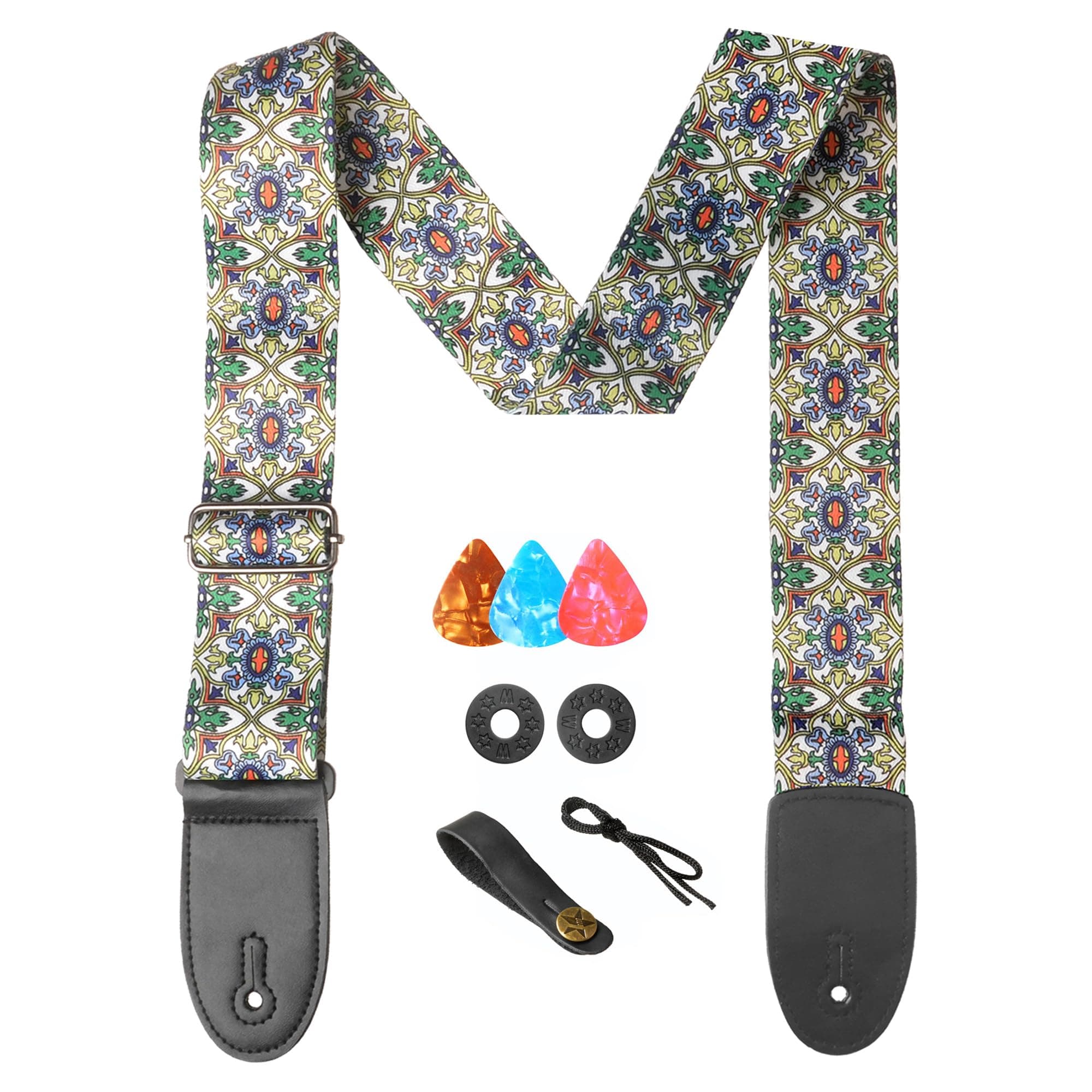 AZOR Vintage Woven Guitar Straps for Acoustic Electric Bass, Adjustable with Leather Ends & Strap Locks