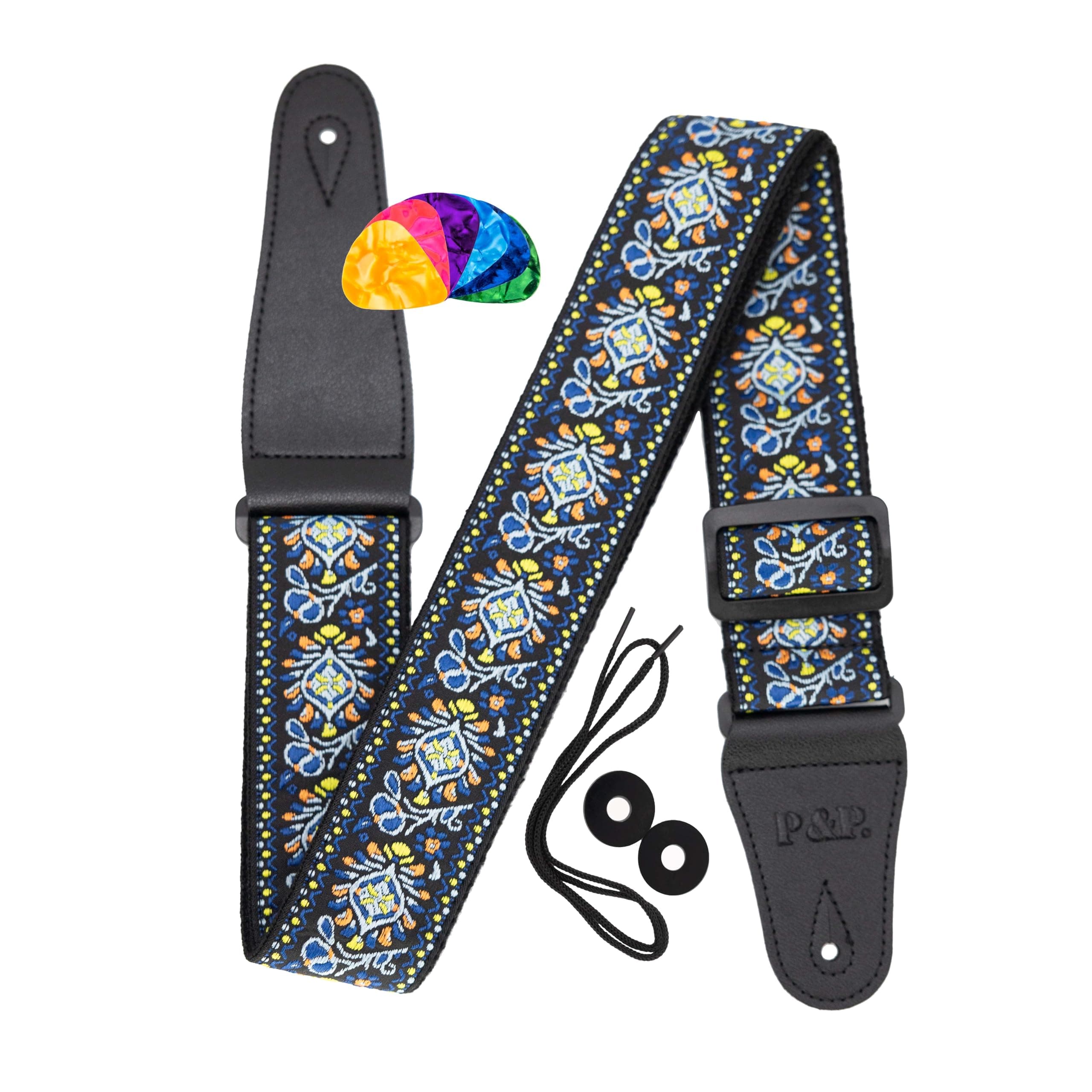 Embroidered Guitar Strap with Locks & Picks - Adjustable, Durable & Comfortable
