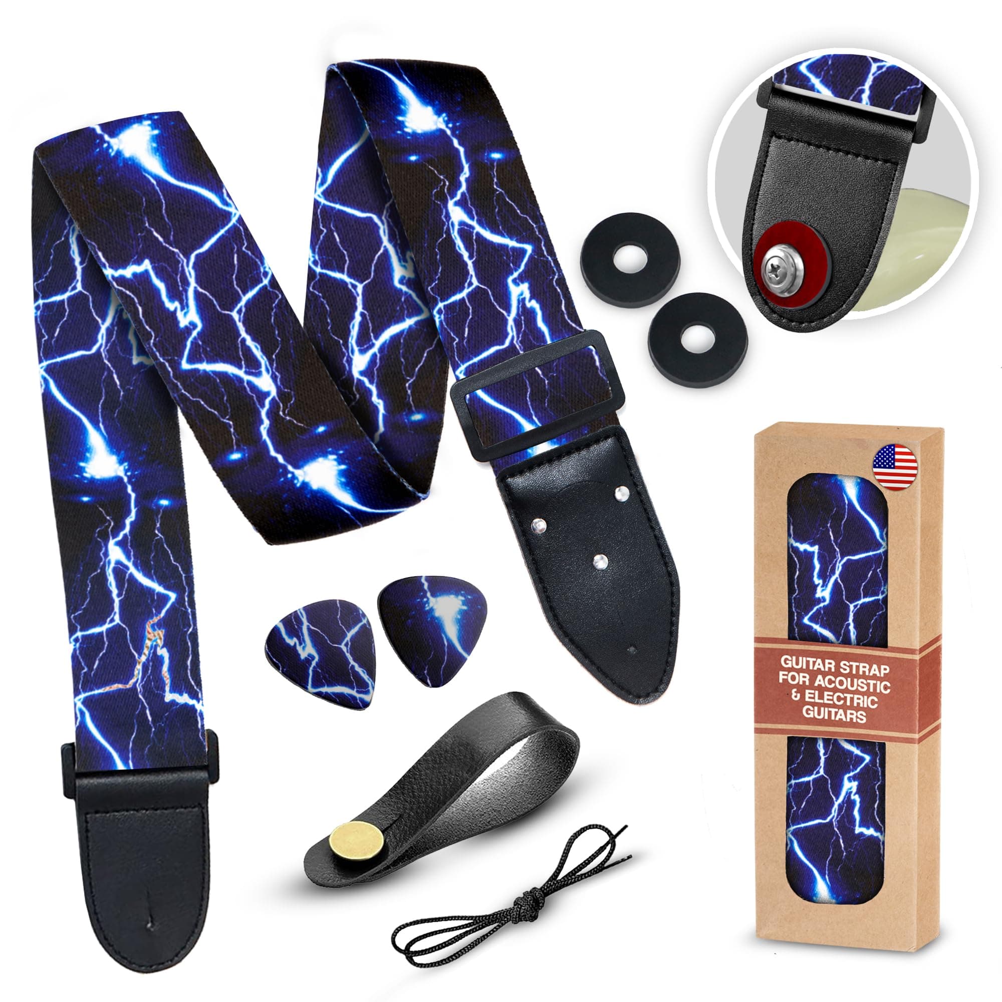 Lightning Design Art Tribute Guitar Strap for Acoustic, Electric & Bass Guitars W/Free Pick + Locks + Button
