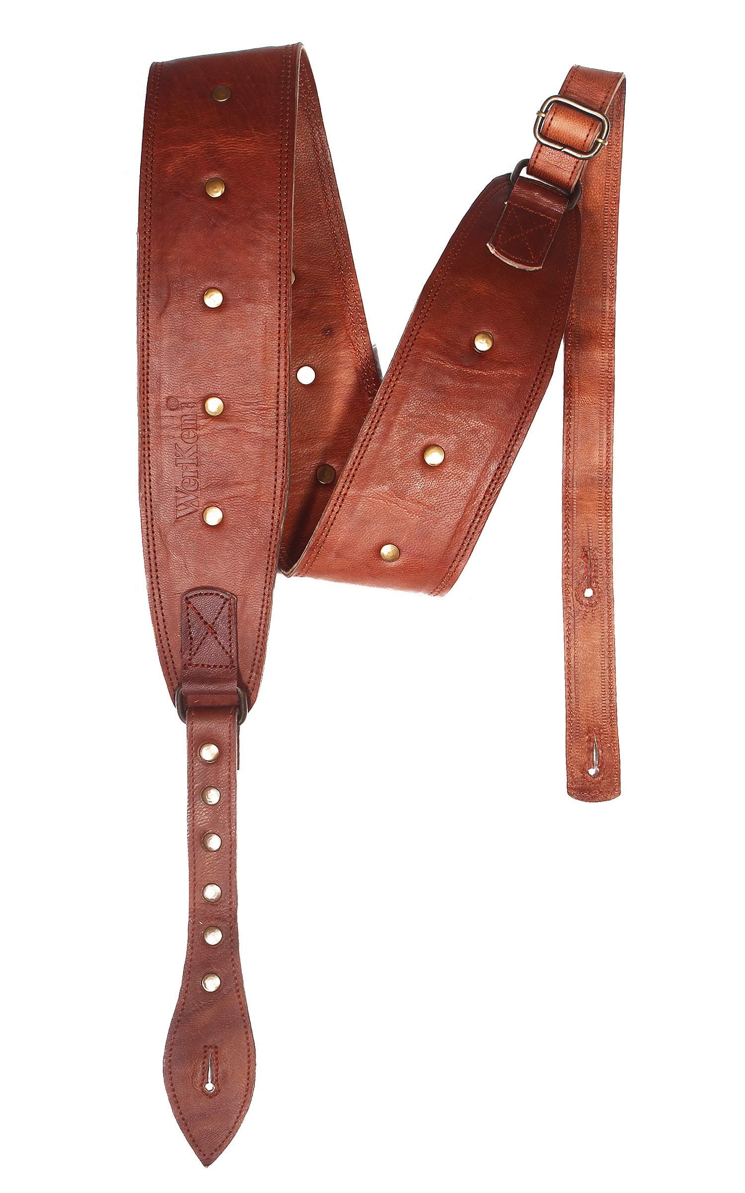 Vintage Brown Leather Guitar Strap with Antique Brass Studs