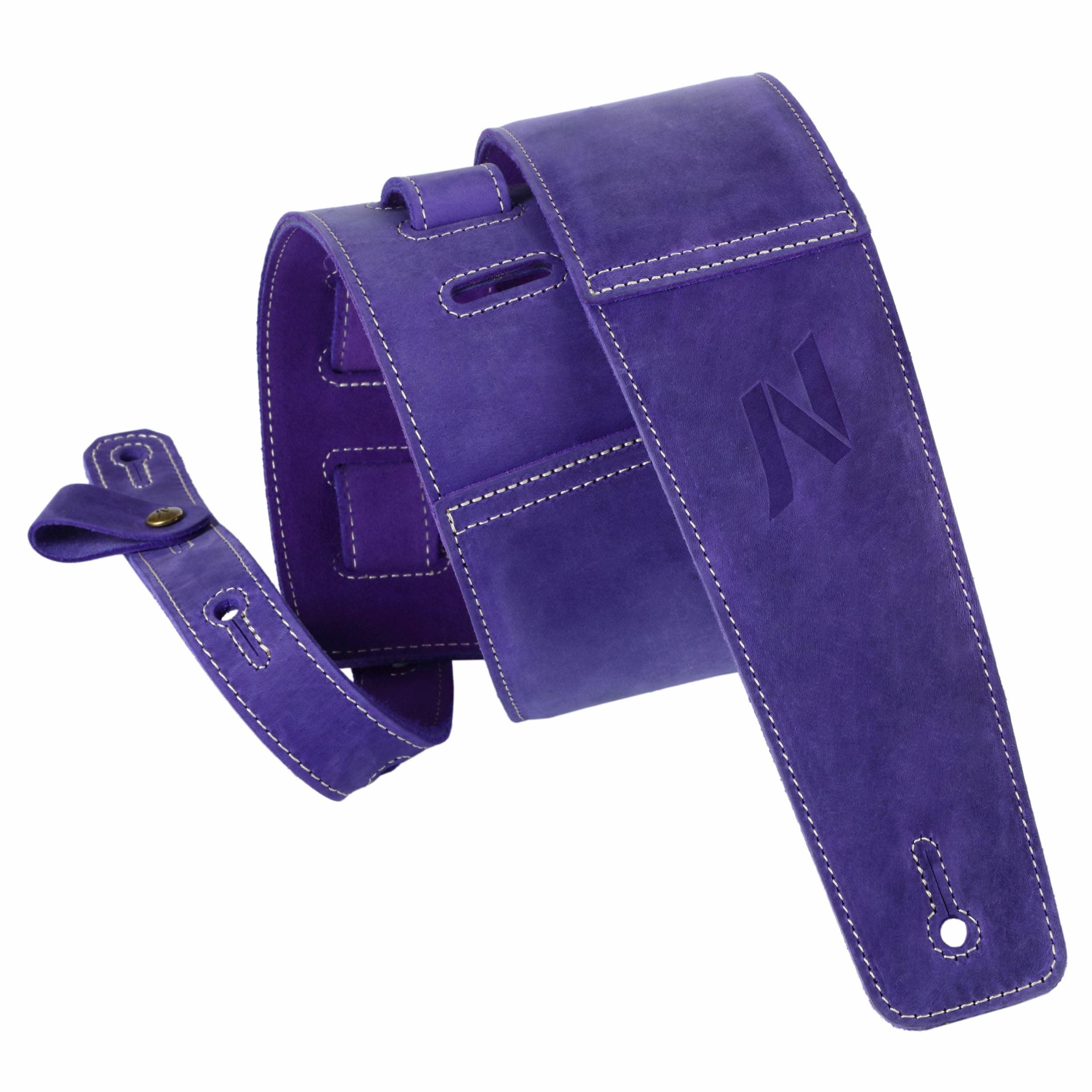 3 Guitar Strap in First Layer Leather with Foam Padding and Cable Storage Loops for Bass, Electric and Acoustic Guitars