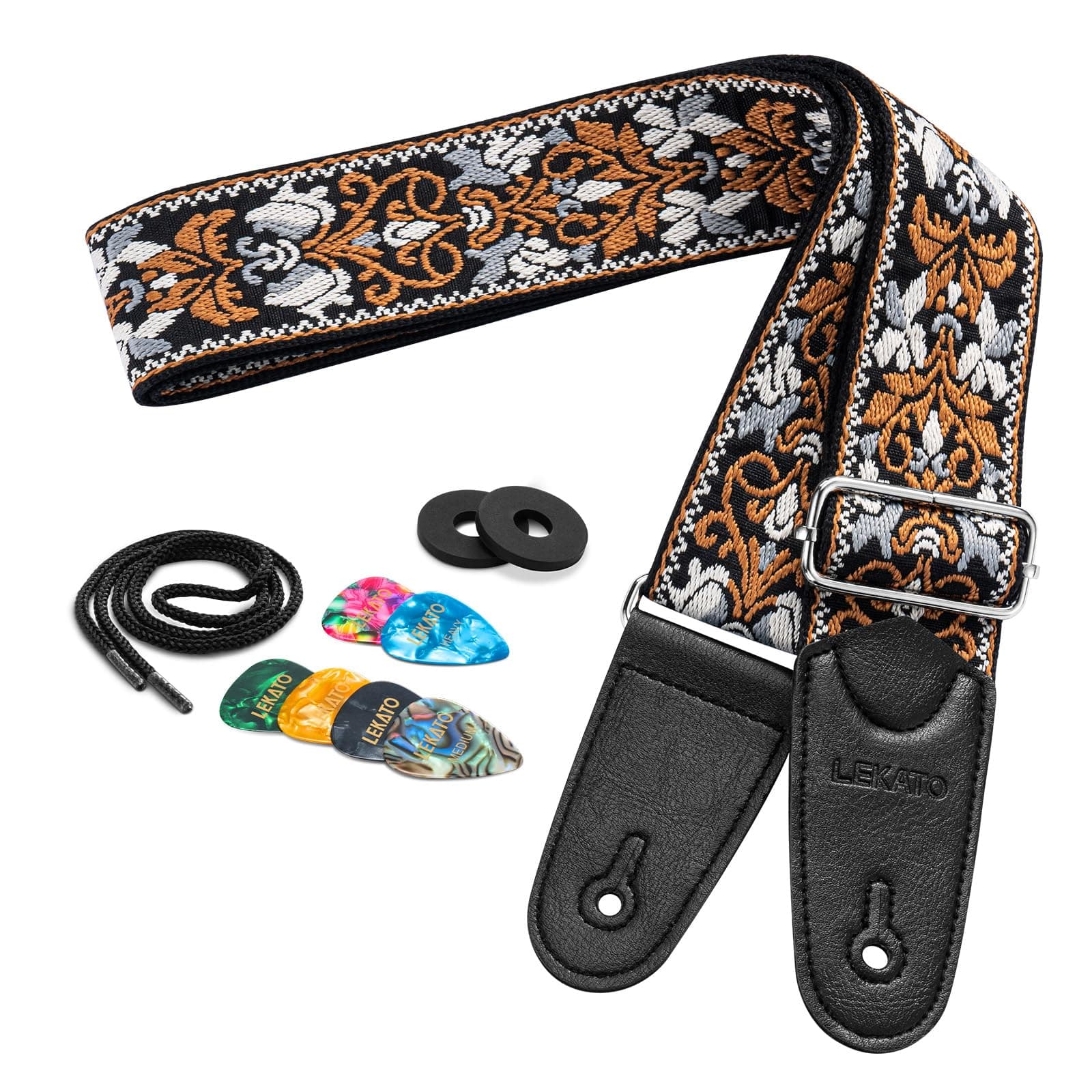 Floral Jacquard Embroidered Guitar Strap for Electric and Acoustic Guitars