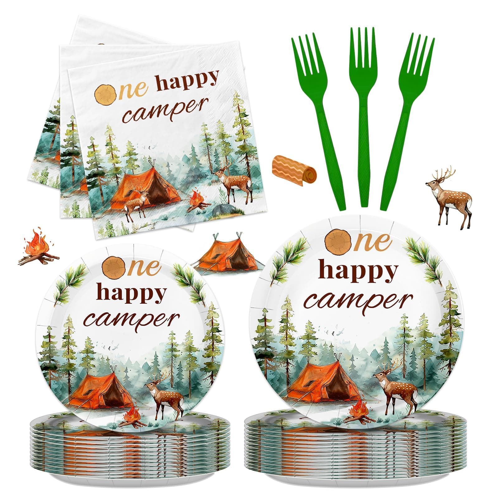 One Happy Camper Camping Party Decorations - 96PCS Disposable Dinnerware for 24 Guests