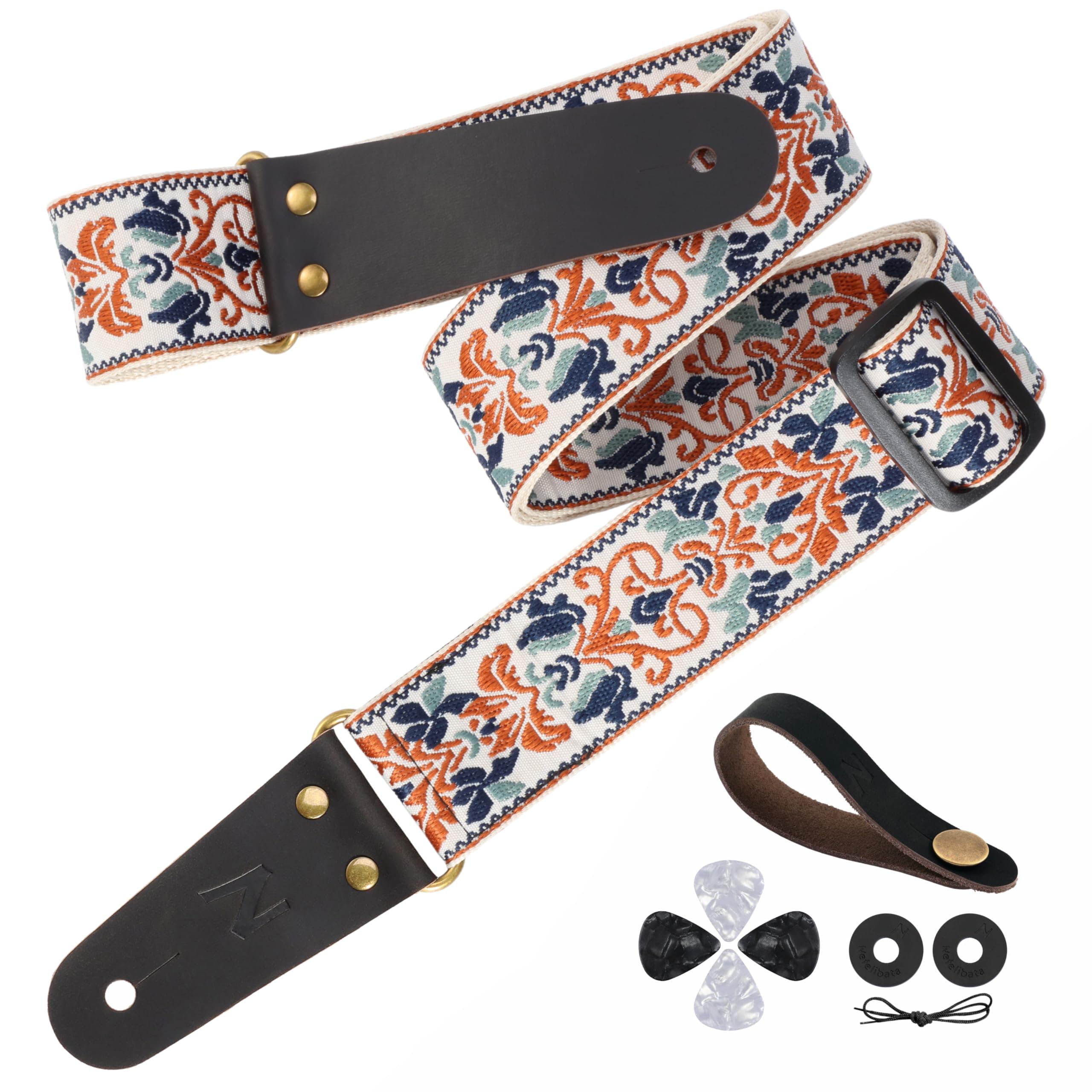 Embroidered Guitar Strap with Leather Ends & Pocket, for Bass & Electric Guitars