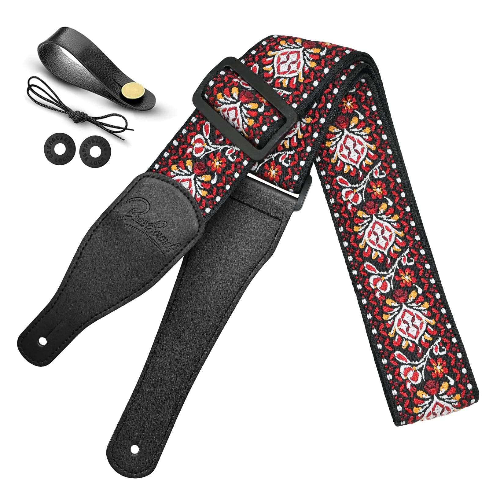 Jacquard Embroidered Cotton Guitar Strap with Leather Ends for Bass, Acoustic, Electric