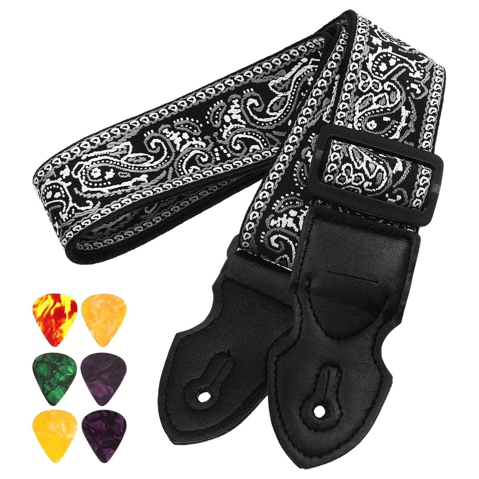 Adjustable Cotton Guitar Strap with Embroidery, Leather Ends, and Picks Set for Kids and Guitarists