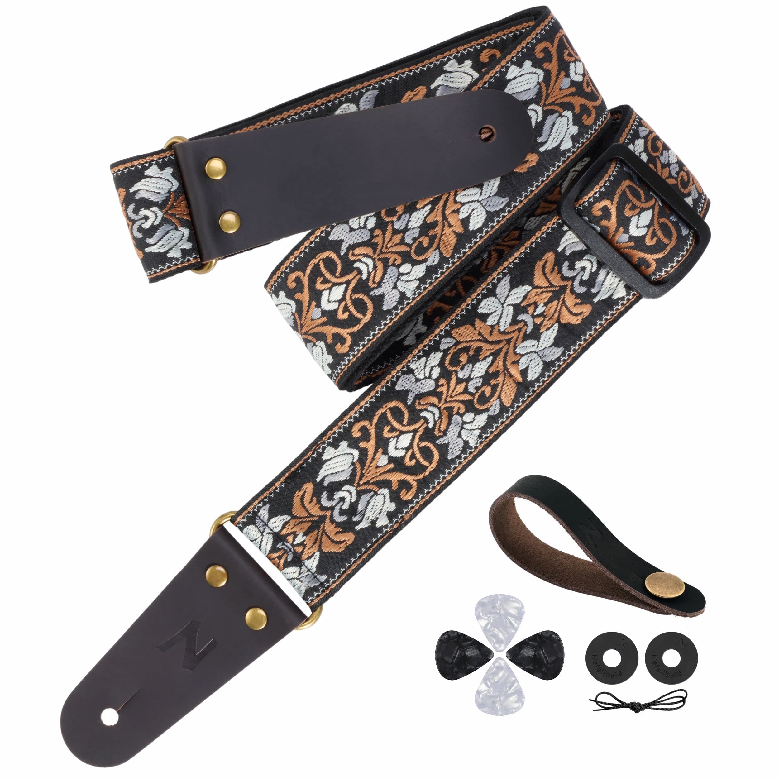 Embroidered Guitar Strap with Leather Ends and Hidden Pocket, for Bass, Electric and Acoustic Guitars