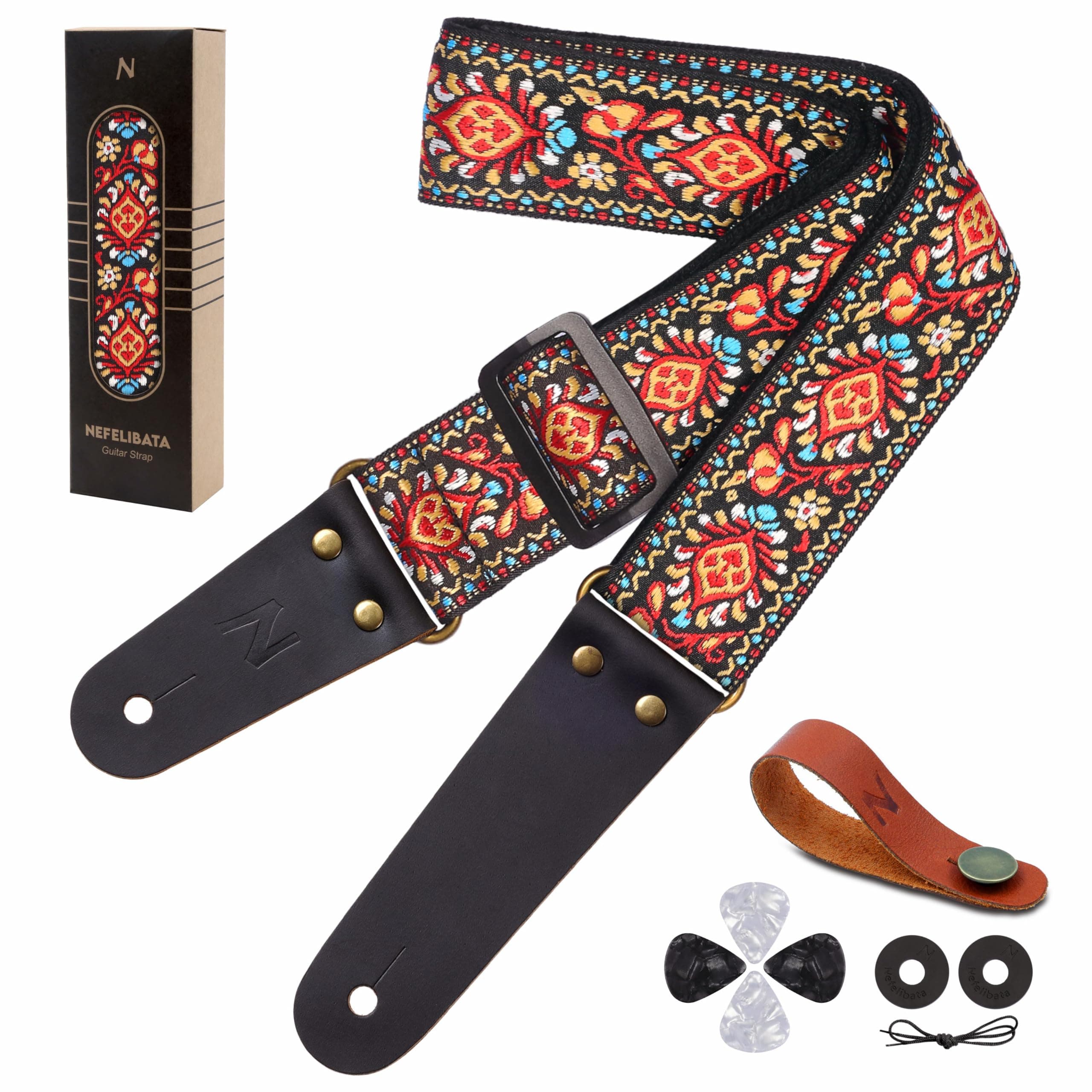 Embroidered Cotton Guitar Strap with Leather Ends for Bass, Electric & Acoustic Guitars (Saffron) - for Musicians