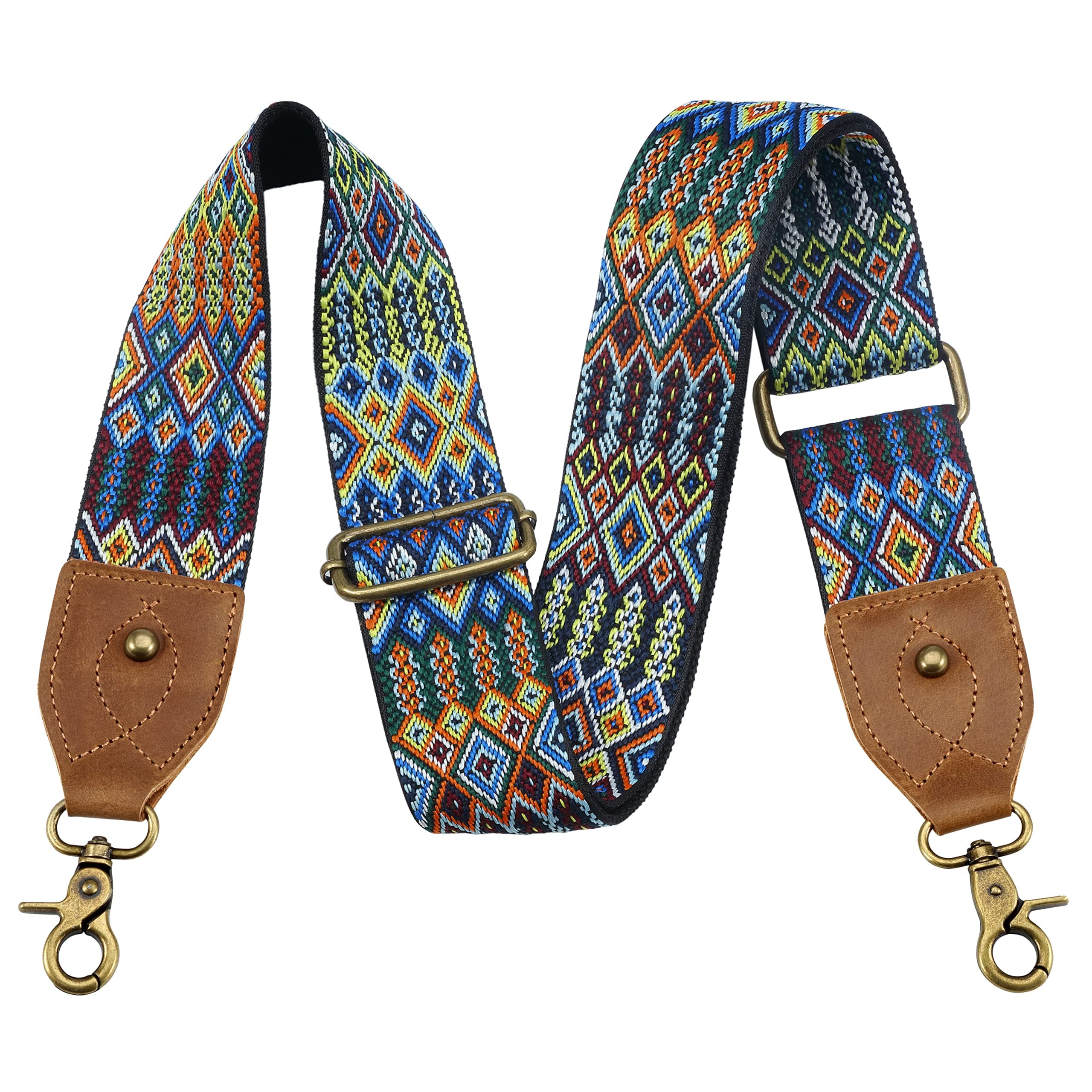 Crazy Horse Leather Wide Should Bag Strap, Adjustable Jacquard Embroidery
