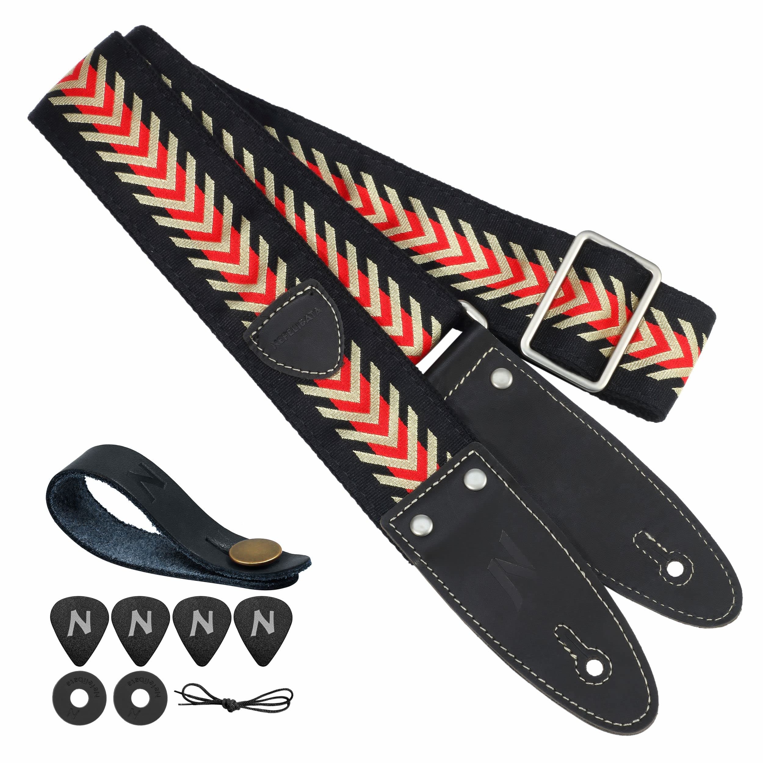 Nefelibata Guitar Strap, 2 Jacquard Embroidered Cotton Strap with Leather Ends (Vintage Arrowhead Red)