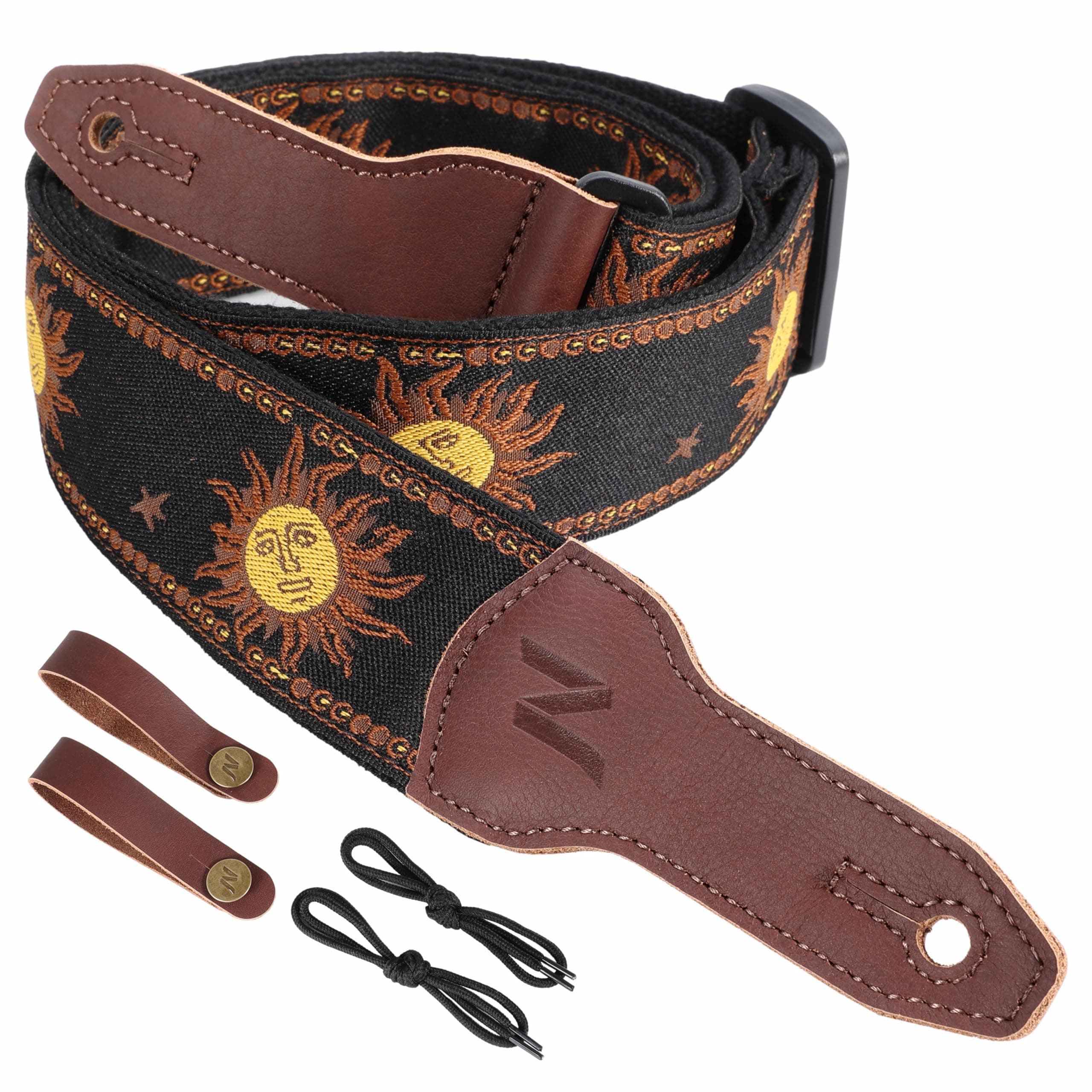 Nefelibata Banjo Strap, Wide Full Grain Cowhide Guitar Strap With Multi-pattern, Headstock Rope and Leather Headband.