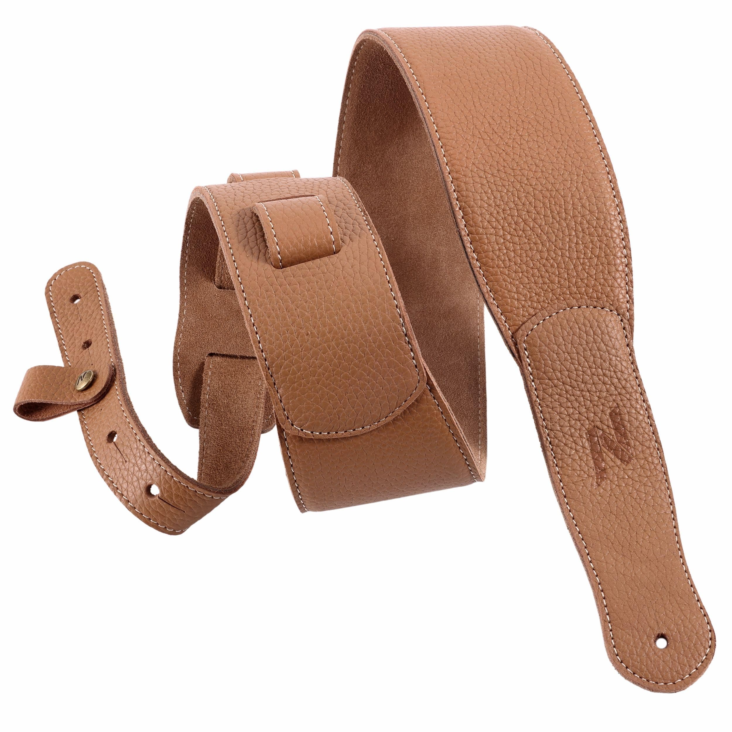 3-Inch Leather Guitar Strap with Padding and Cable Loop for Acoustic, Bass, and Electric Guitars (Tan) - Suitable for Kids, Men, and Women