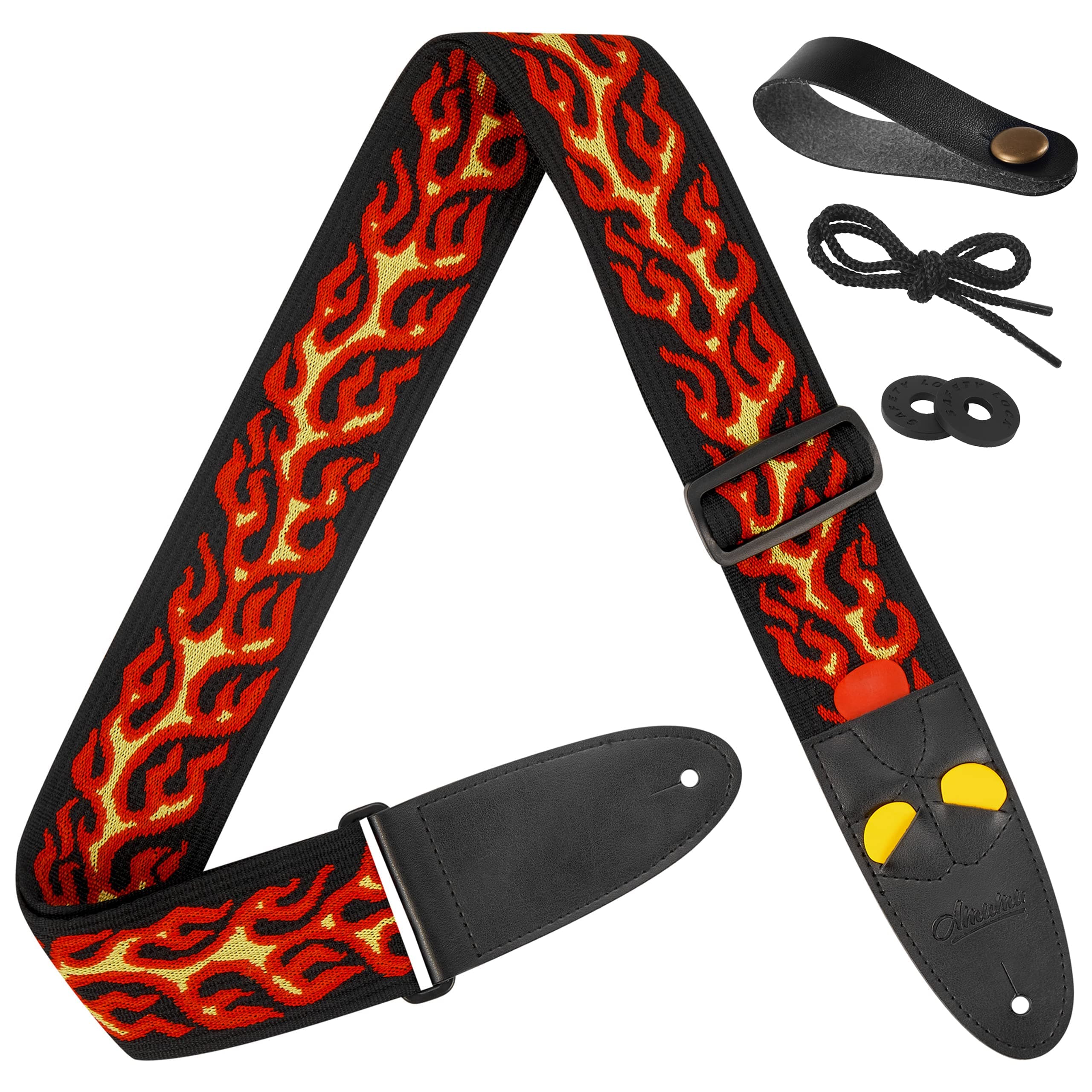 Amumu Red Flame Jacquard Guitar Strap for Acoustic, Electric & Bass