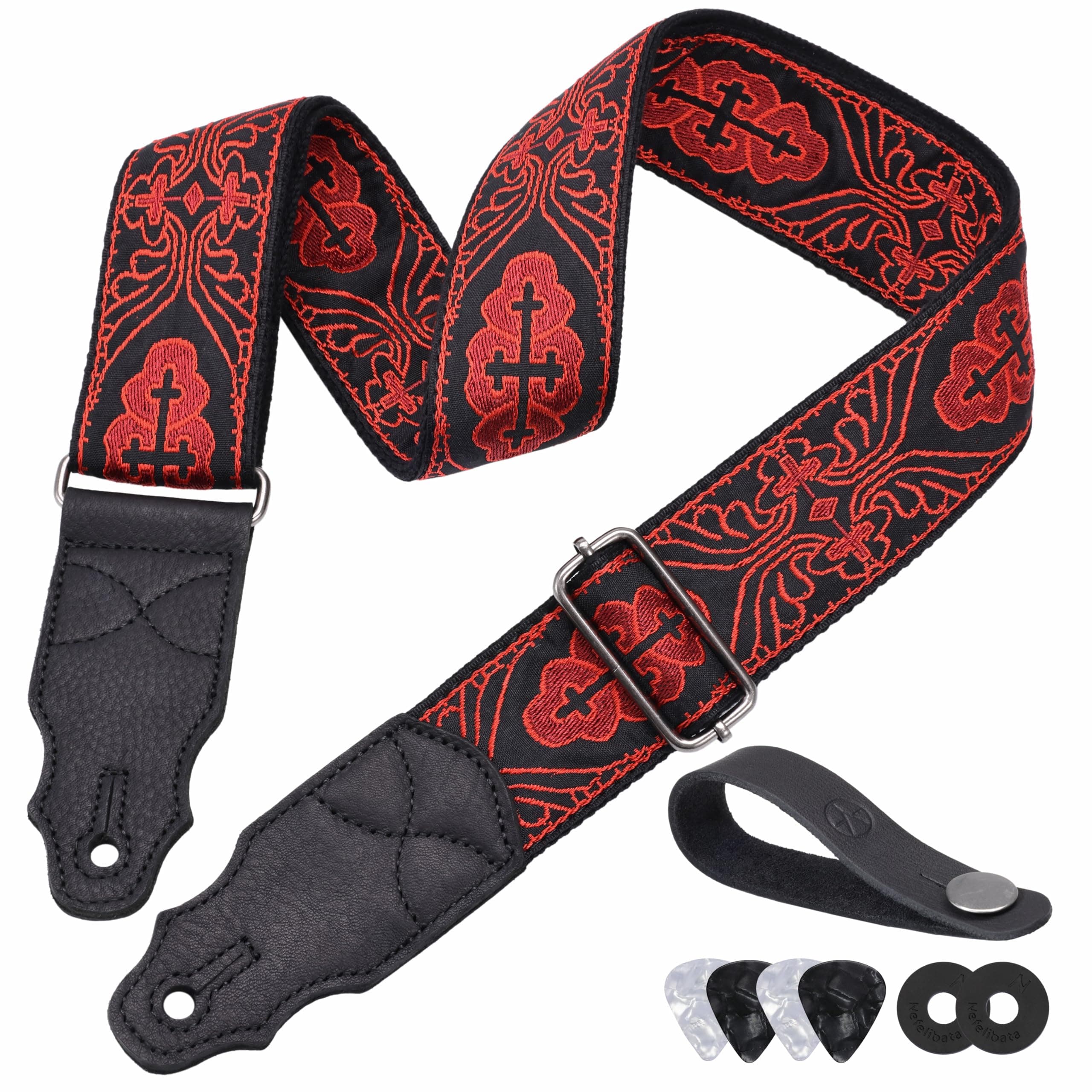 Head Layer Cowhide Leather Guitar Strap, 2" Wide, 2 Locks, 4 Picks Included