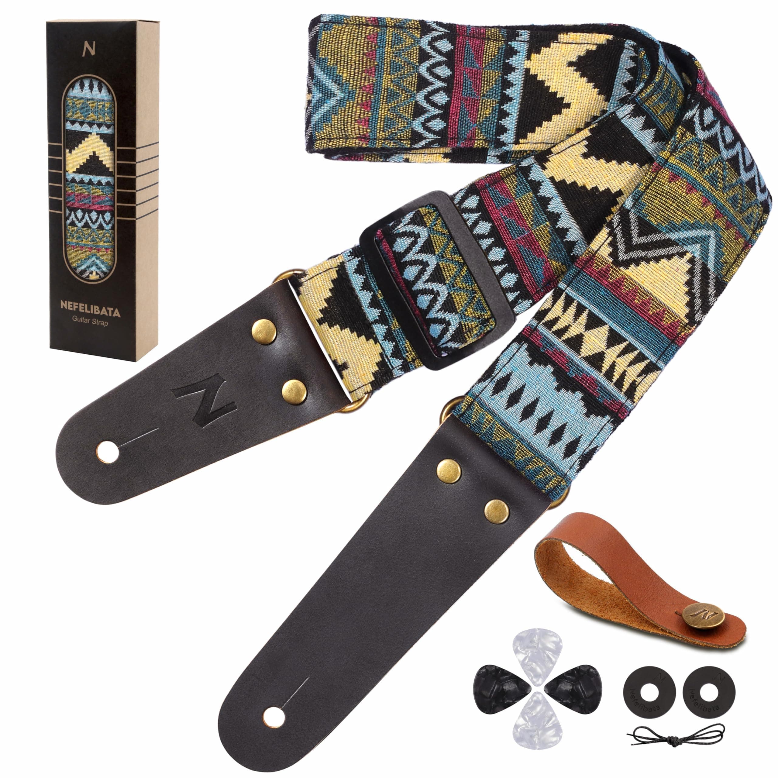 Nefelibata Vintage Cotton Guitar Straps with Cowhide Ends, 2 Locks & 4 Picks