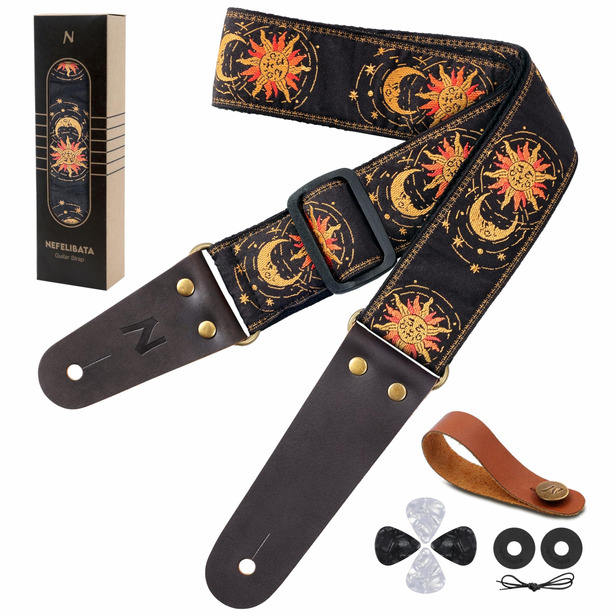 Sun & Moon Embroidery Guitar Straps by Nefelibata - Head Cowhide Leather Ends, 1 Pair