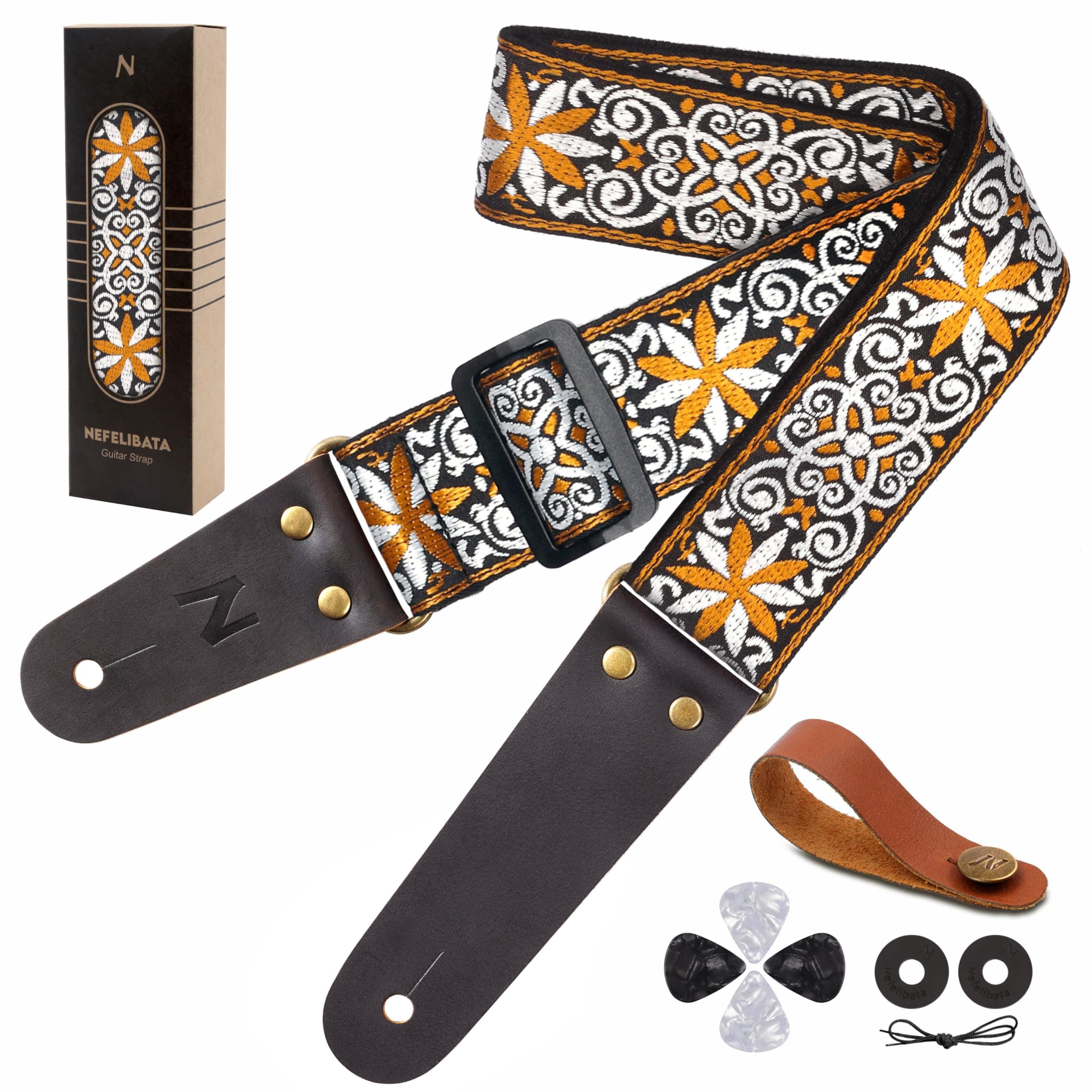 Nefelibata Embroidered Cowhide Leather Ends Guitar Strap, 1 Pair Locks & Picks Included