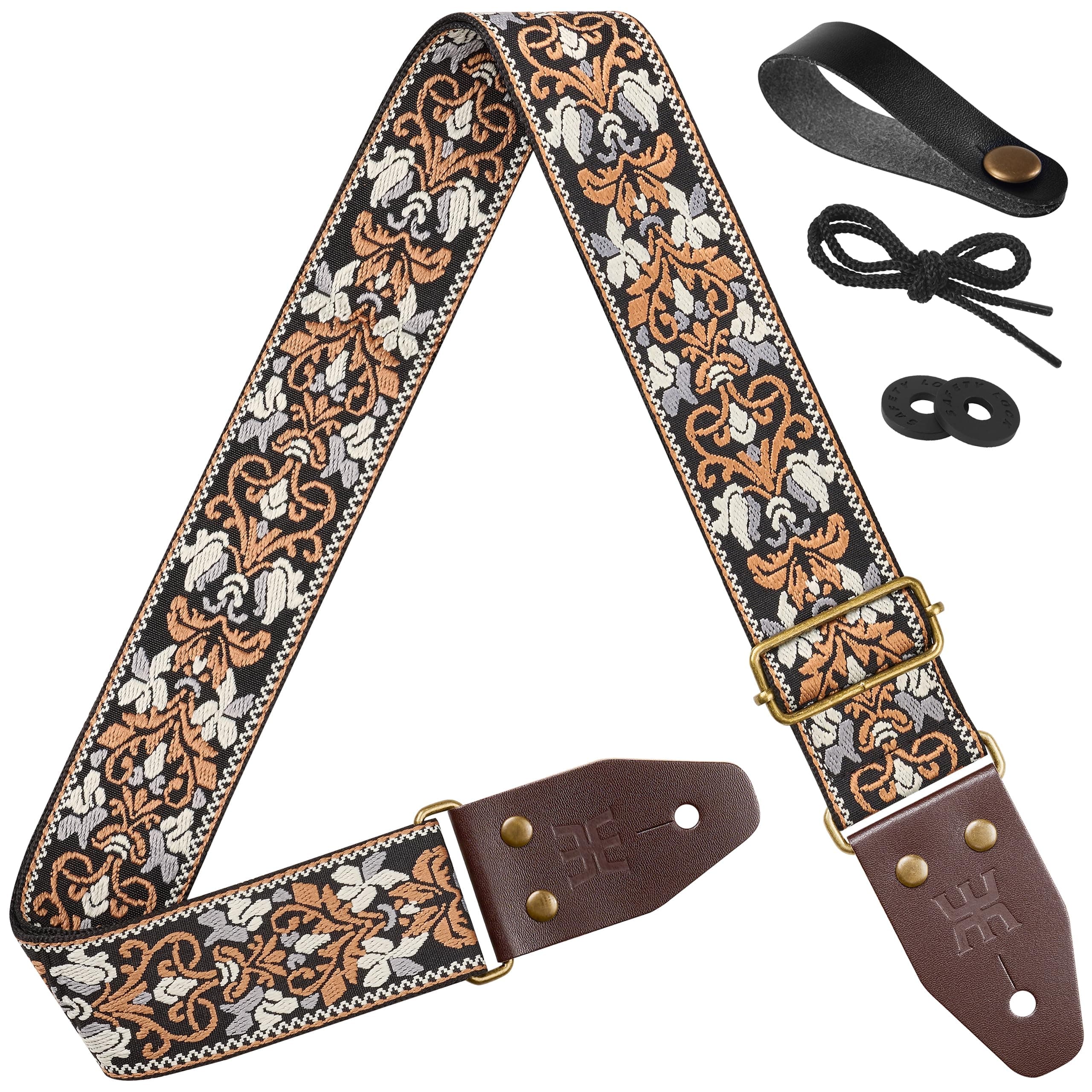 Amumu Black Brown Spade Heart Embroidery Vintage Guitar Strap