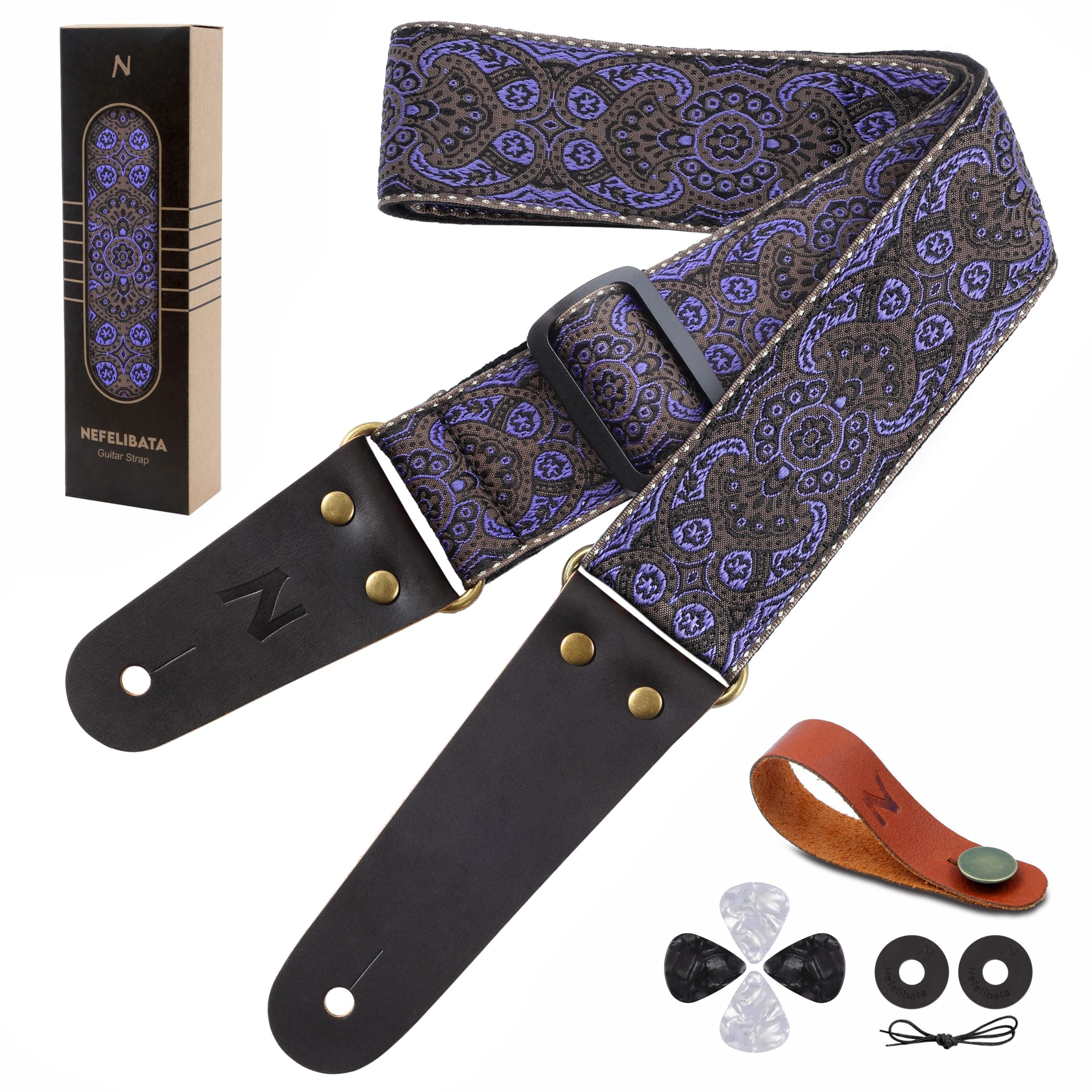 Vintage Embroidered Cotton Guitar Strap Set with Leather Ends for Bass, Electric & Acoustic Guitars - for Music Lovers