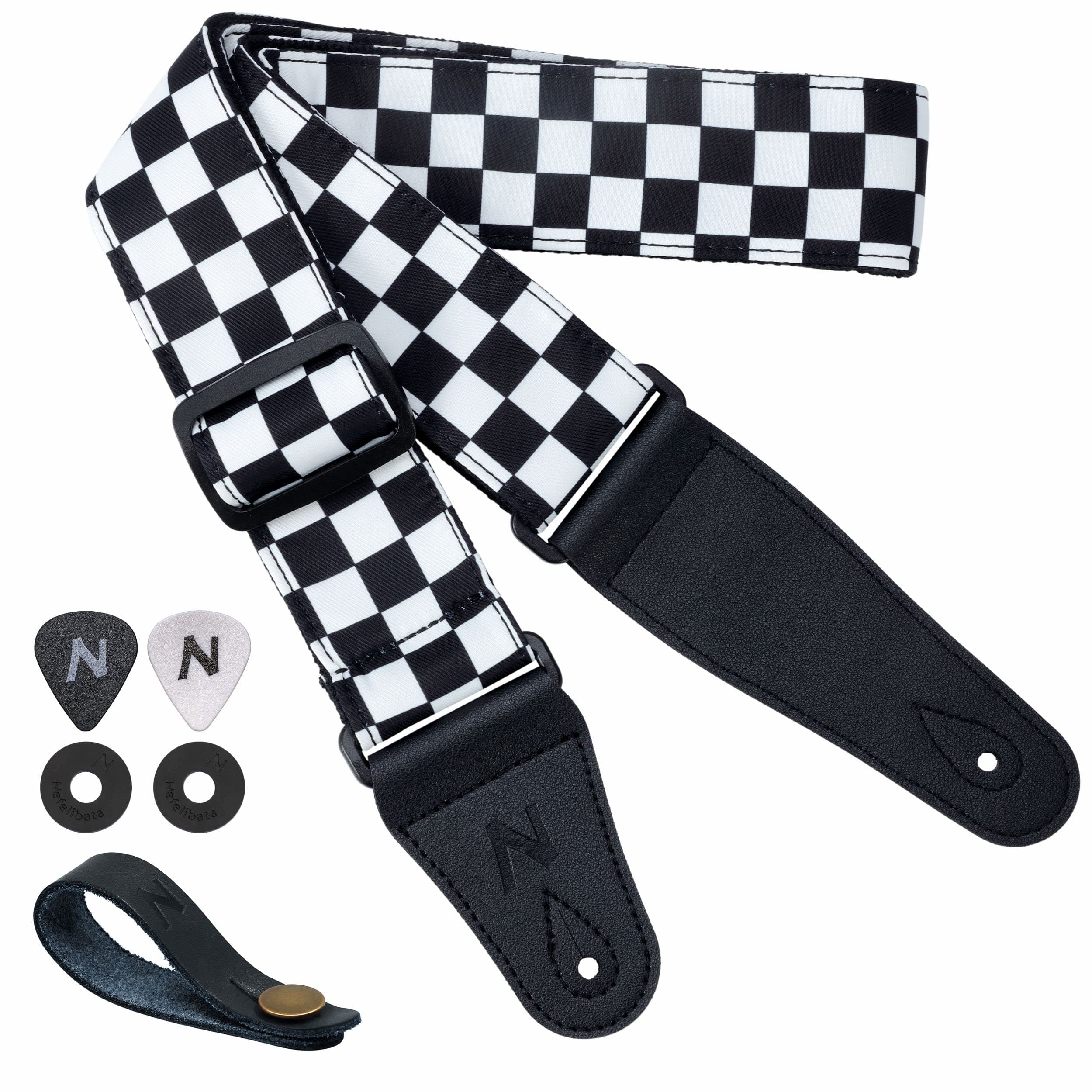 Nefelibata Guitar Strap-2 Wide Double Layer Cotton Original Design Adjustable Guitar Straps (White Grid)
