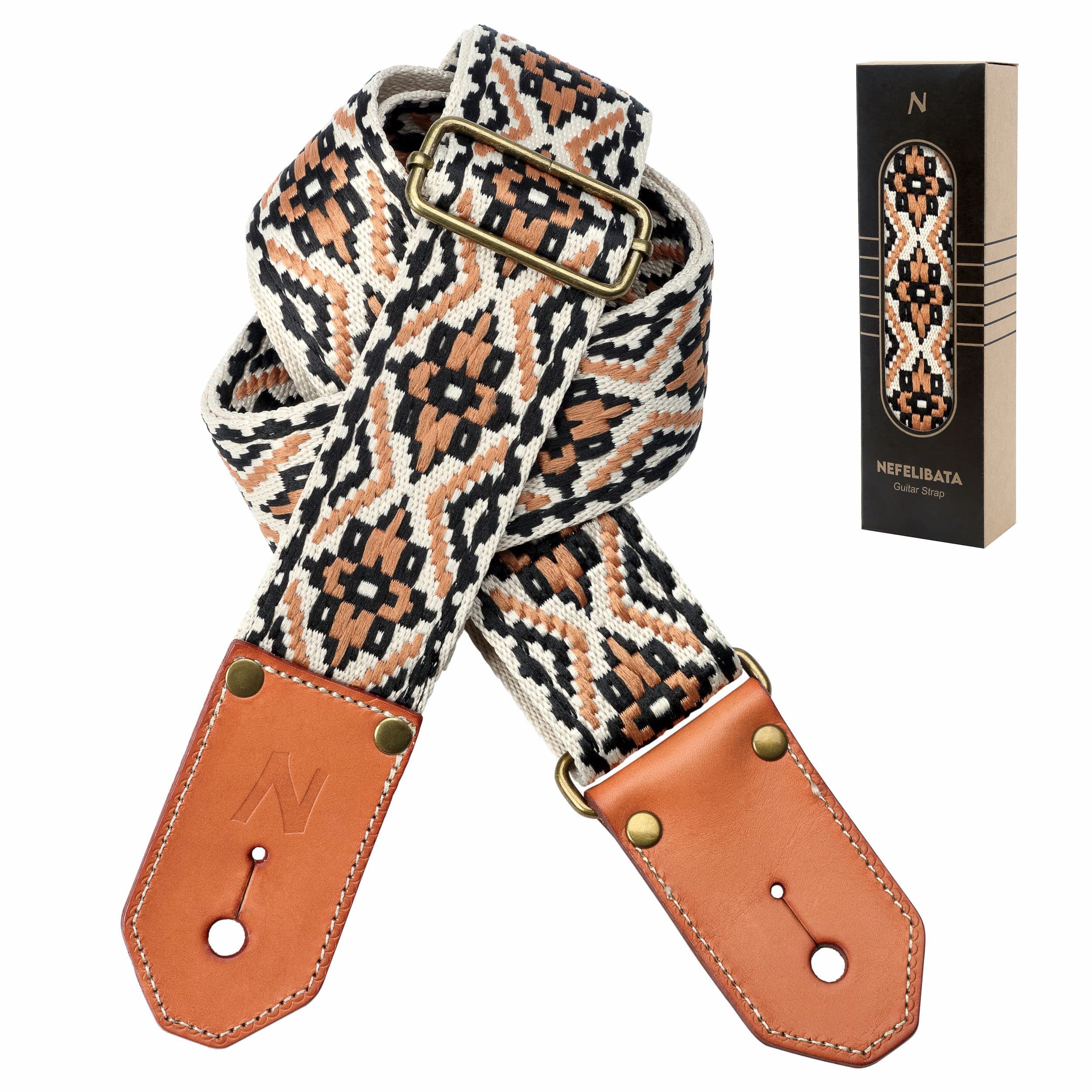 Cool Woven Guitar Strap with Leather Ends for Guitarists (Khaki)