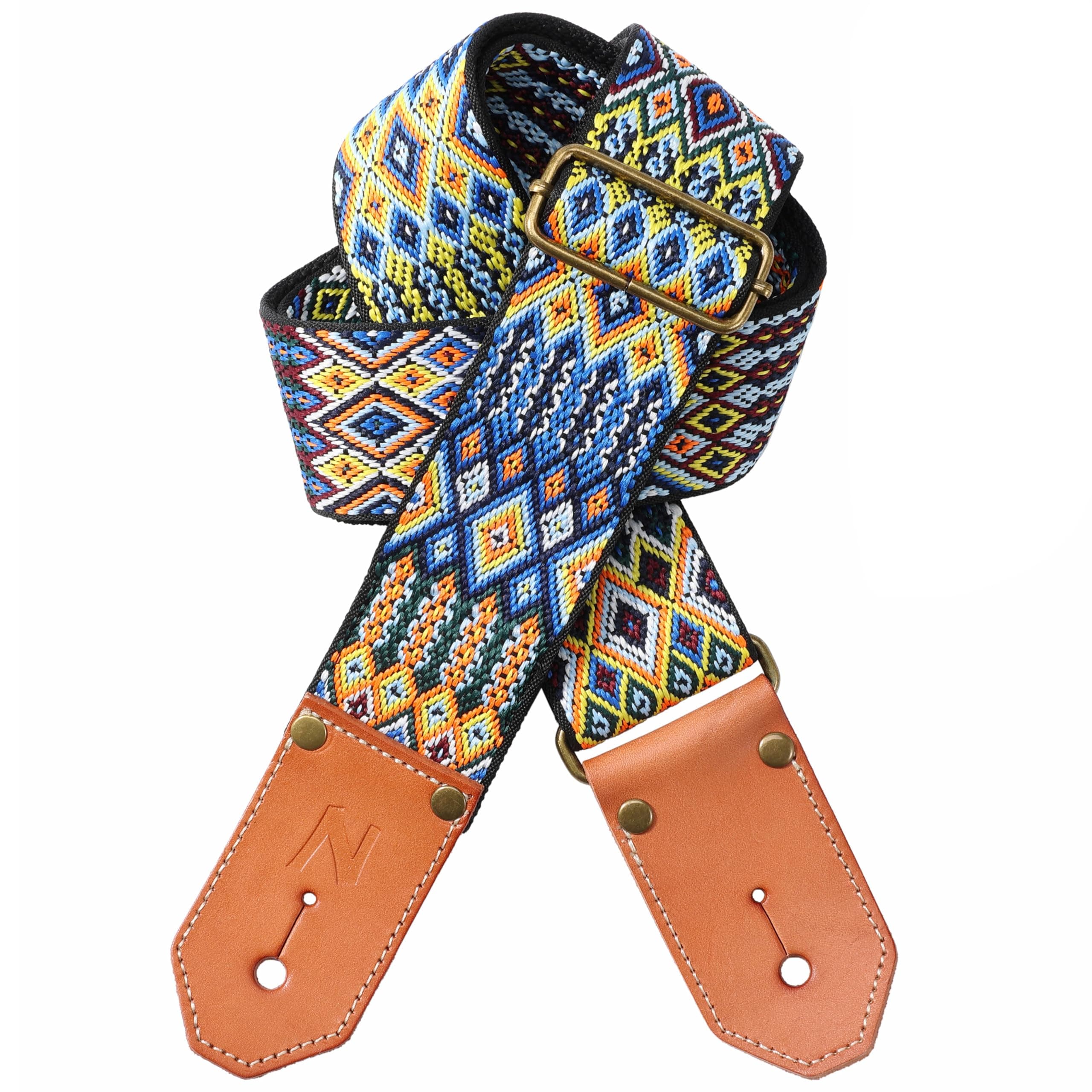 Bohemia Style Woven Cotton Guitar Strap with Leather Ends for Guitarists