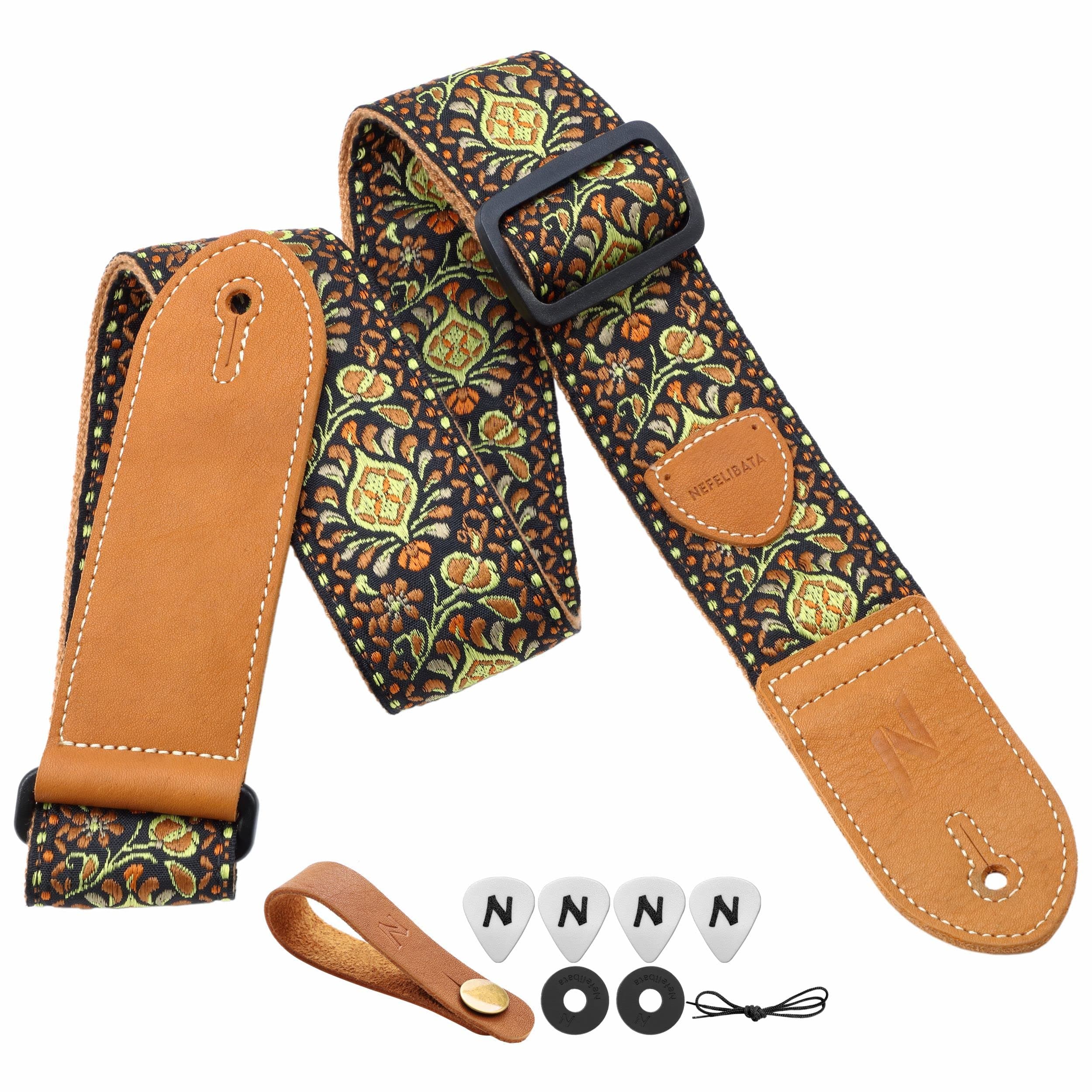 Vintage Yellow Embroidered Guitar Strap Set - Best Gift for Guitarists