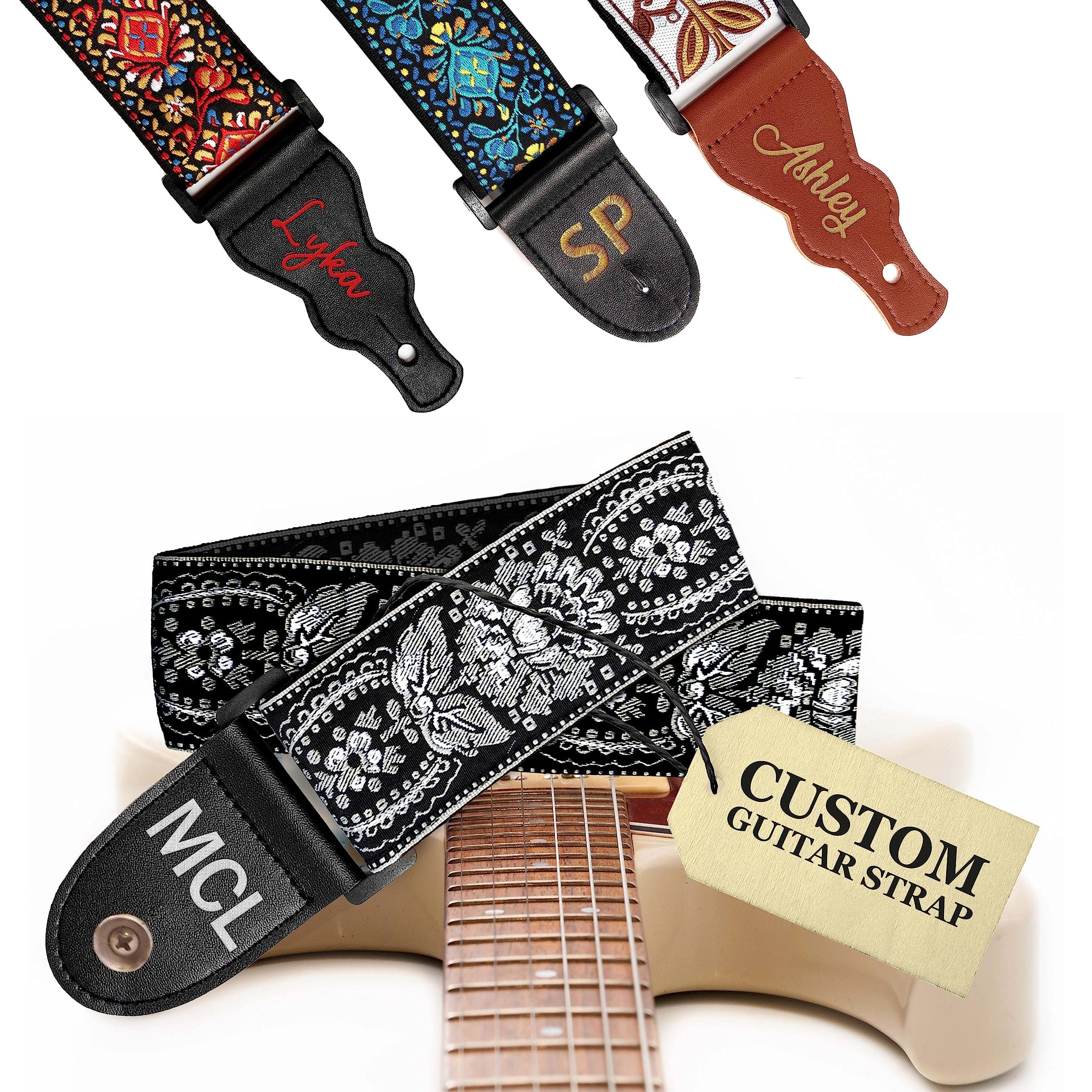 Black Silver Classic Woven Guitar Strap with Pick + Lock + Button - Add Your Text