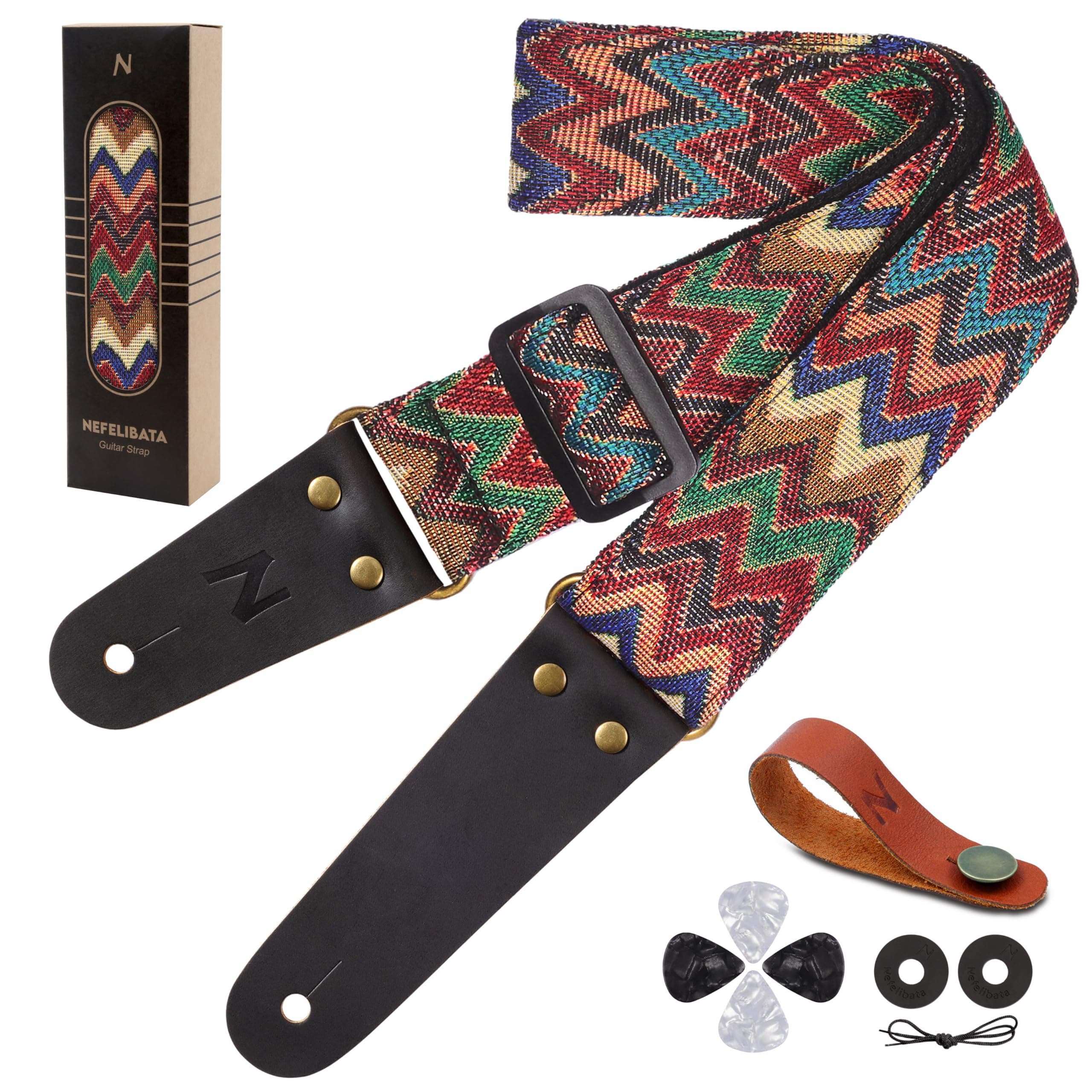 Vintage Jacquard Weave Cotton Guitar Strap with Leather Ends for Bass, Electric & Acoustic Guitars