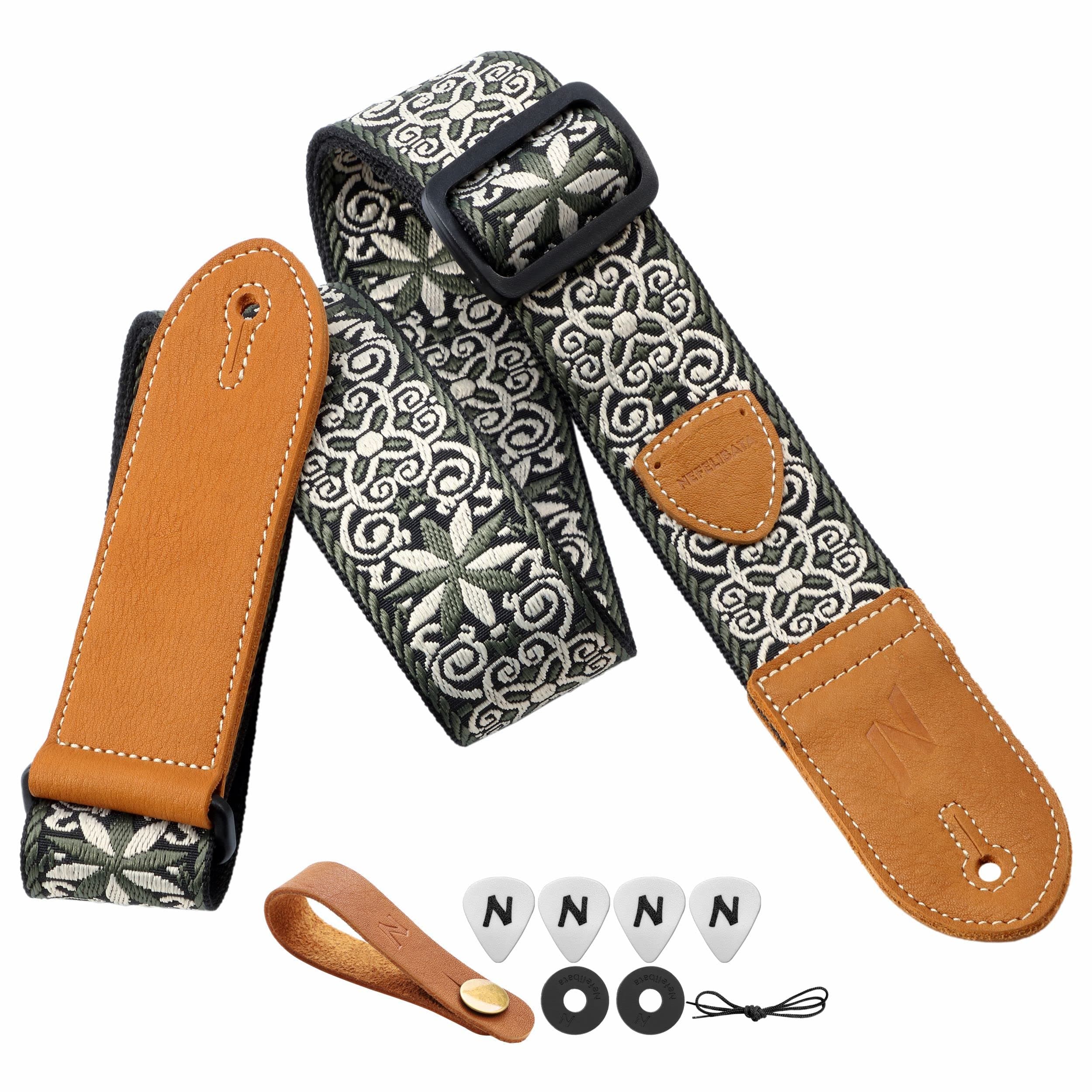 Vintage Woven Guitar Strap with Bonus Accessories - Best for Bass, Electric & Acoustic Guitars