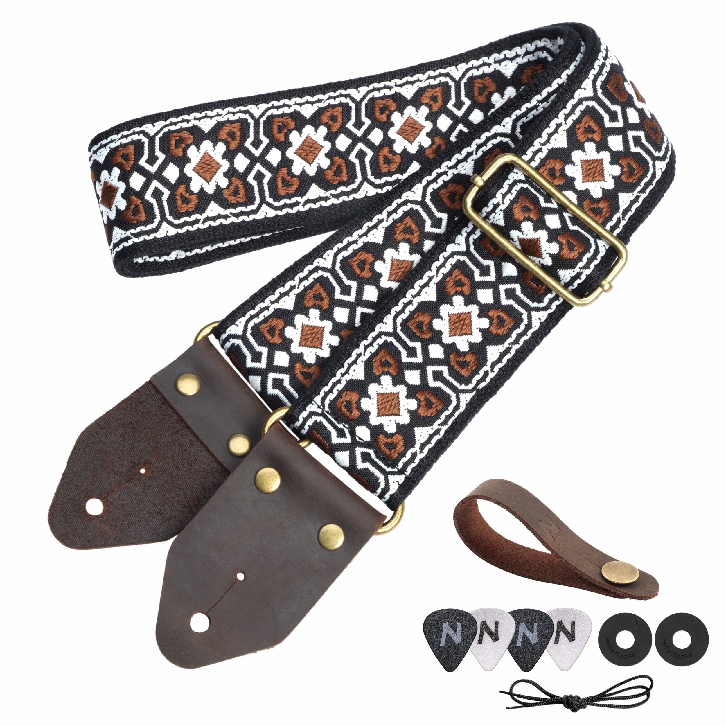 Vintage White Embroidery Nefelibata Jacquard Guitar Strap for Bass, Electric & Acoustic