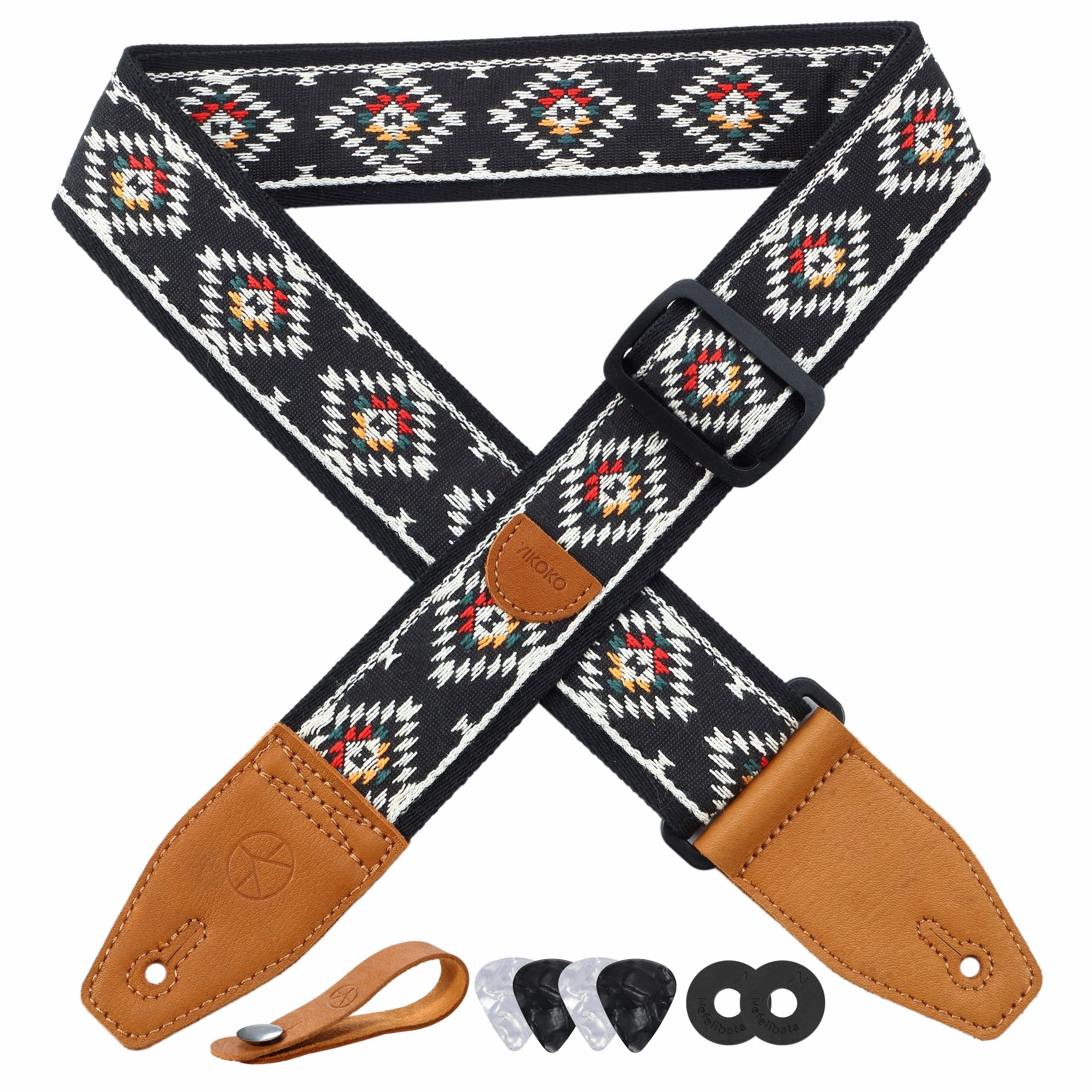 Guitar Strap 2 Inch Embroidery Cotton Guitar Straps with Full Grain Leather End for Bass Electric and Acoustic Guitars Free Strap Button