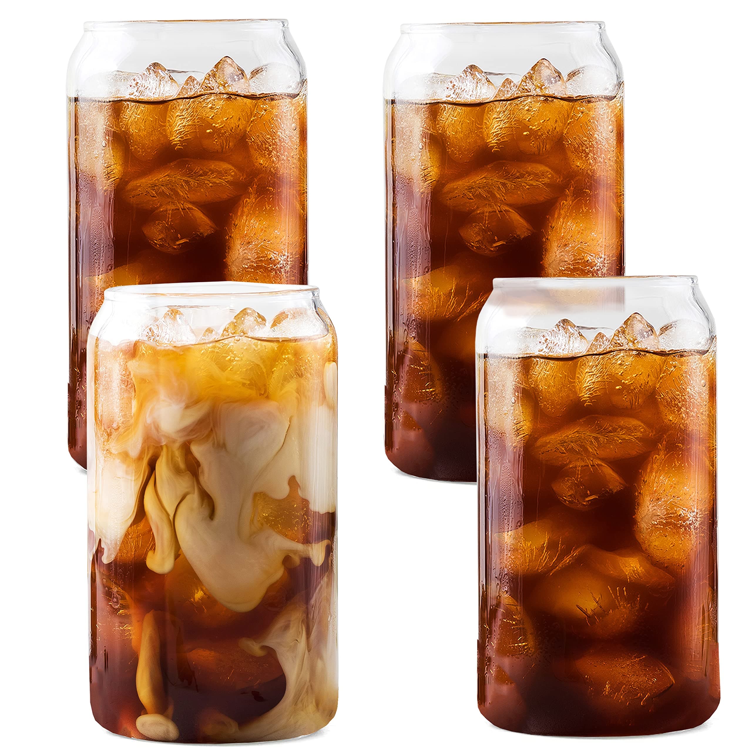 Ilyapa Can-Shaped 16oz Glass Tumbler Set of 4 for Coffee, Matcha, Smoothies, Juice & Beer