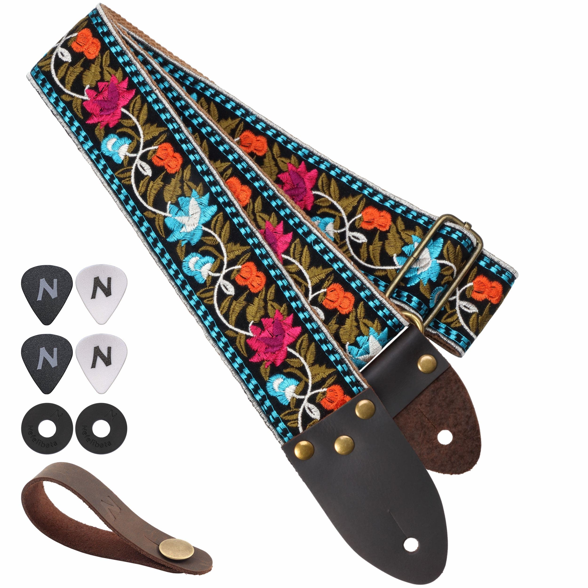 Vintage Jacquard Embroidery Cotton Guitar Strap with Leather Ends for Electric and Acoustic Guitars
