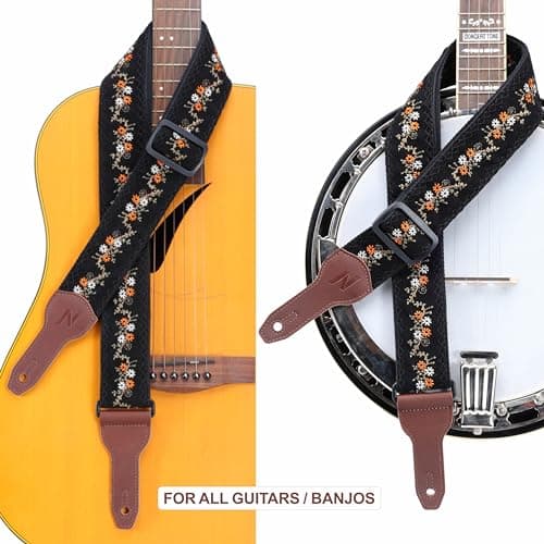 Nefelibata Banjo Strap, 2 Wide Double Full Grain Cowhide Guitar Strap - Small Flower Embroidery