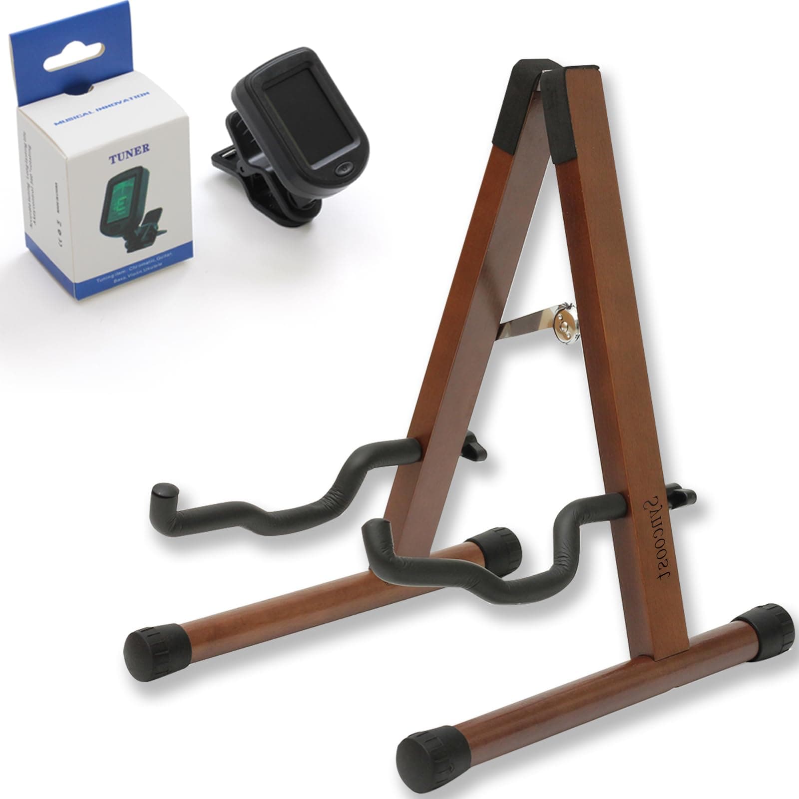 Wood Guitar Stand with Padded Foam – Adjustable for Electric, Bass, Mandolin, Banjo, Ukulele – A-Frame Folding Holder with Guitar Tuner Clip On
