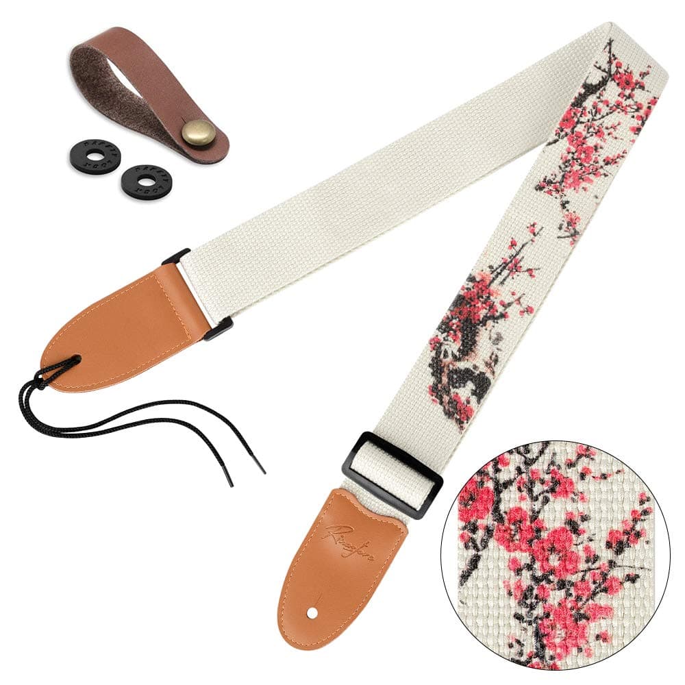 Embroidered Acoustic Guitar Strap with Real Leather Ends & Button Lock for Electric & Bass Guitars