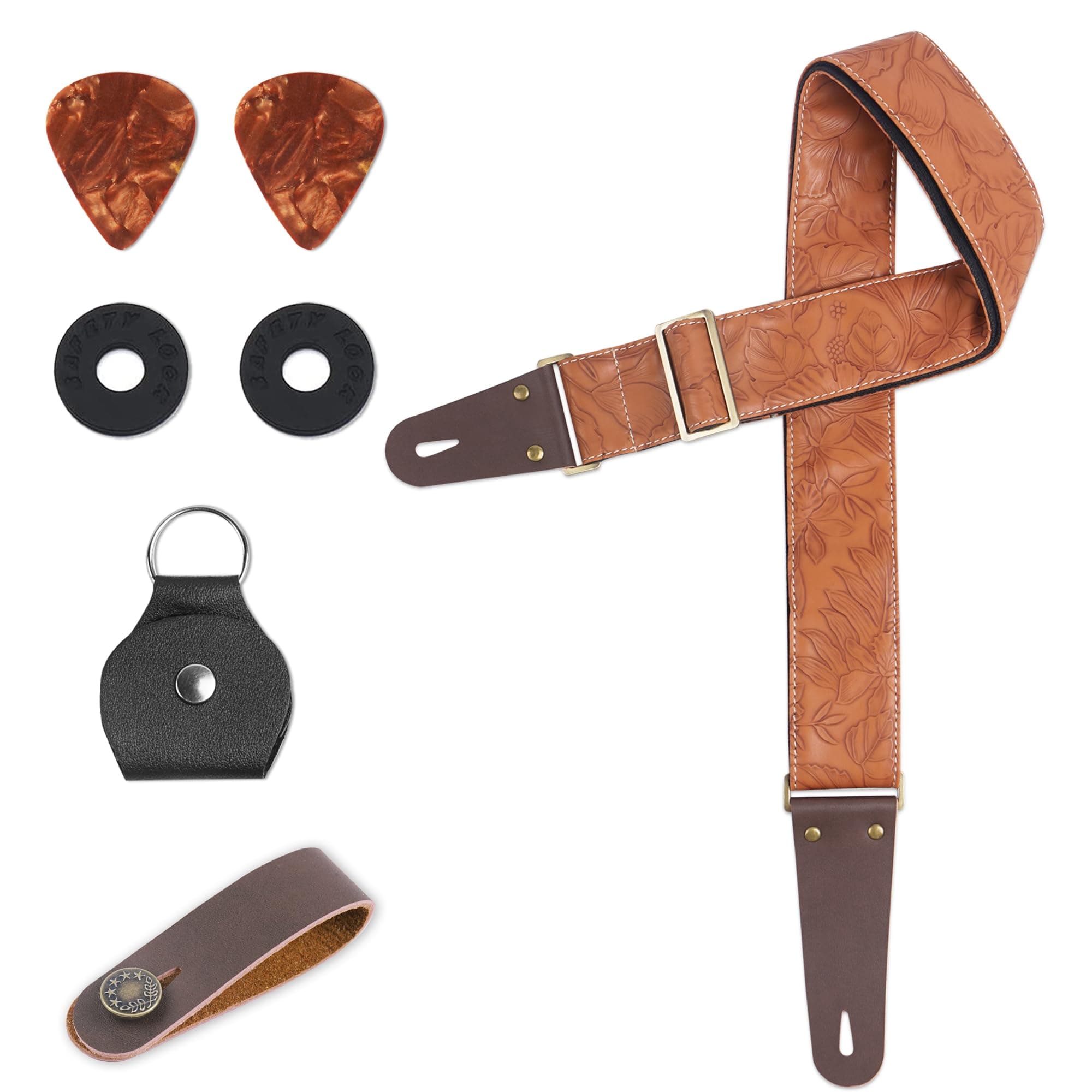 Adjustable Guitar Strap with 2 Locks, 2 Picks, Pick Holder & Leather Button