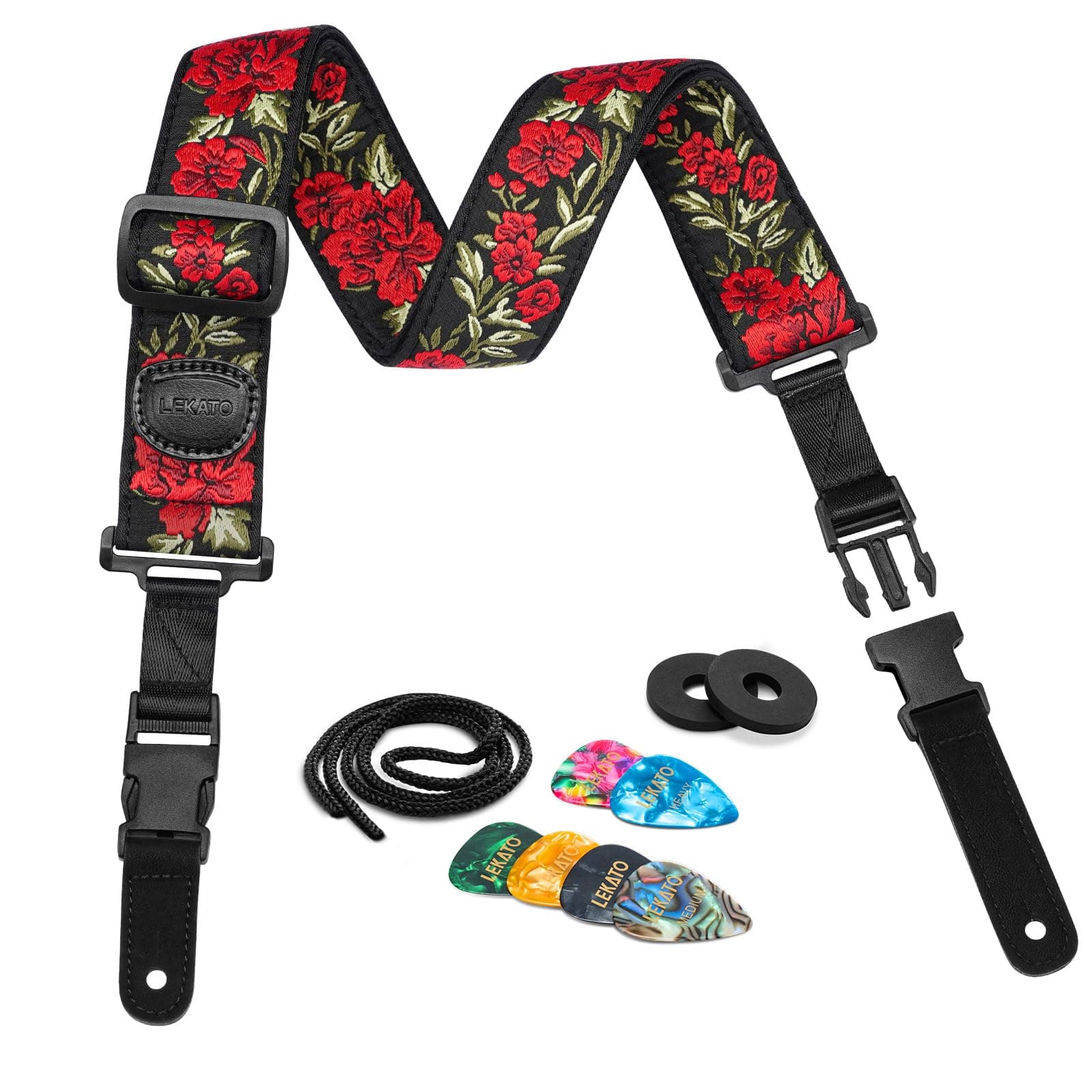 LEKATO Rose Embroidered Floral Bass Strap with Pick Holder (Red)