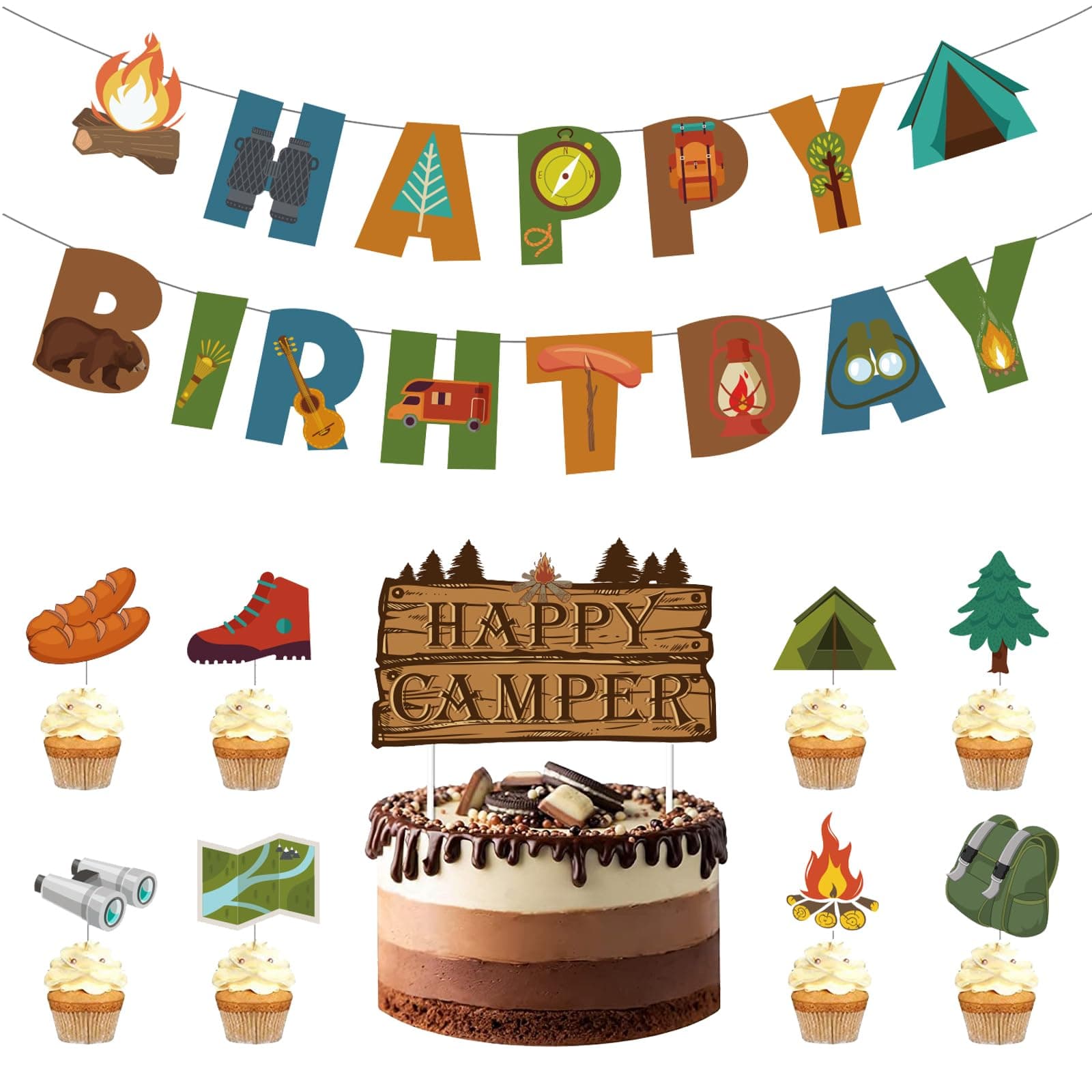 Camping Theme Birthday Party Decorations Kit Banner Topper