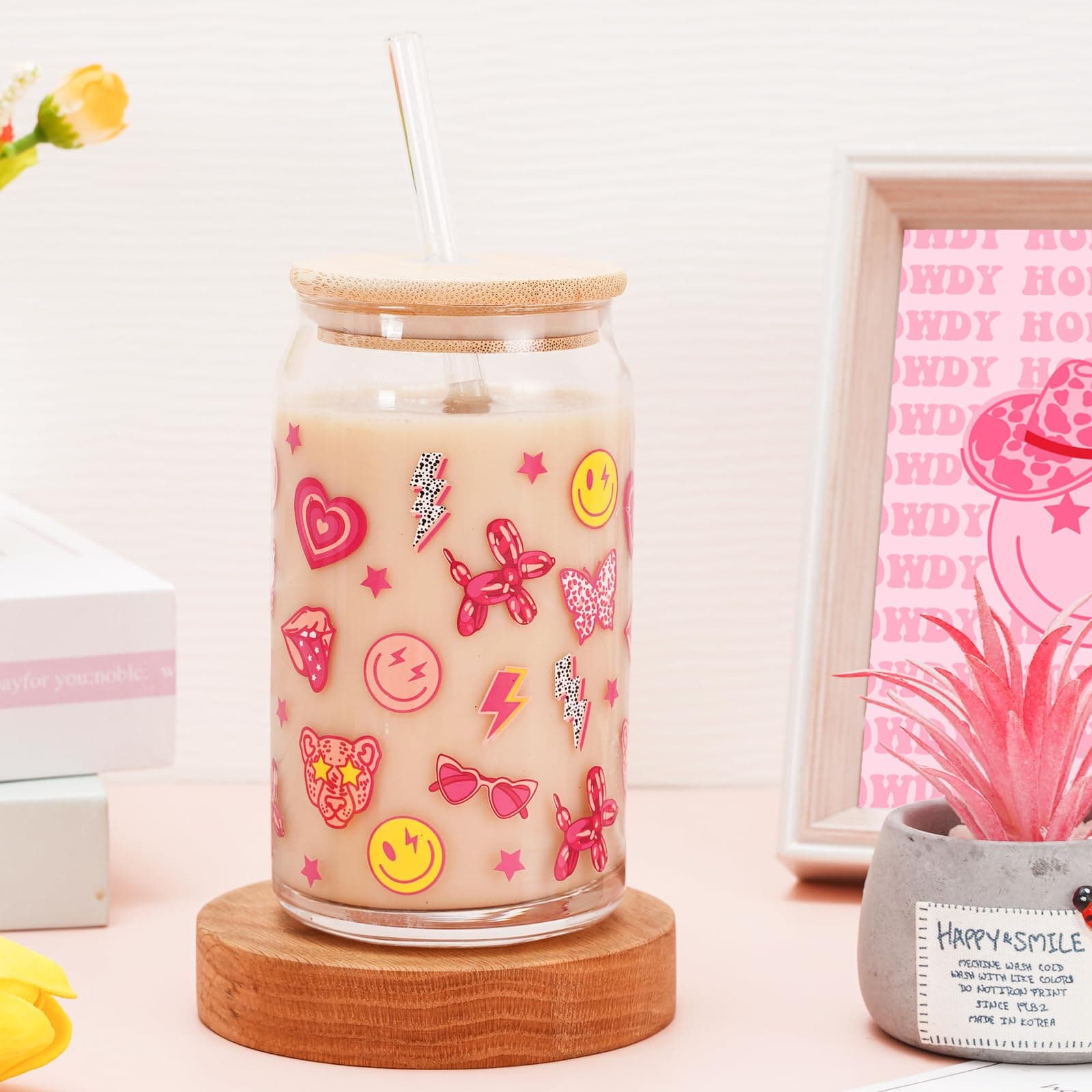Preppy Glass Beer Can Glasses Set for Iced Coffee and Cocktails- 16oz with Accessories