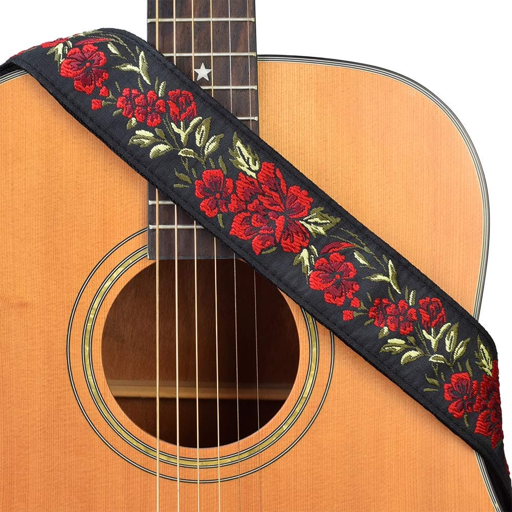 CloudMSUSIC Red Rose Jacquard Embroidered 2" Wide Guitar Strap for All Ages