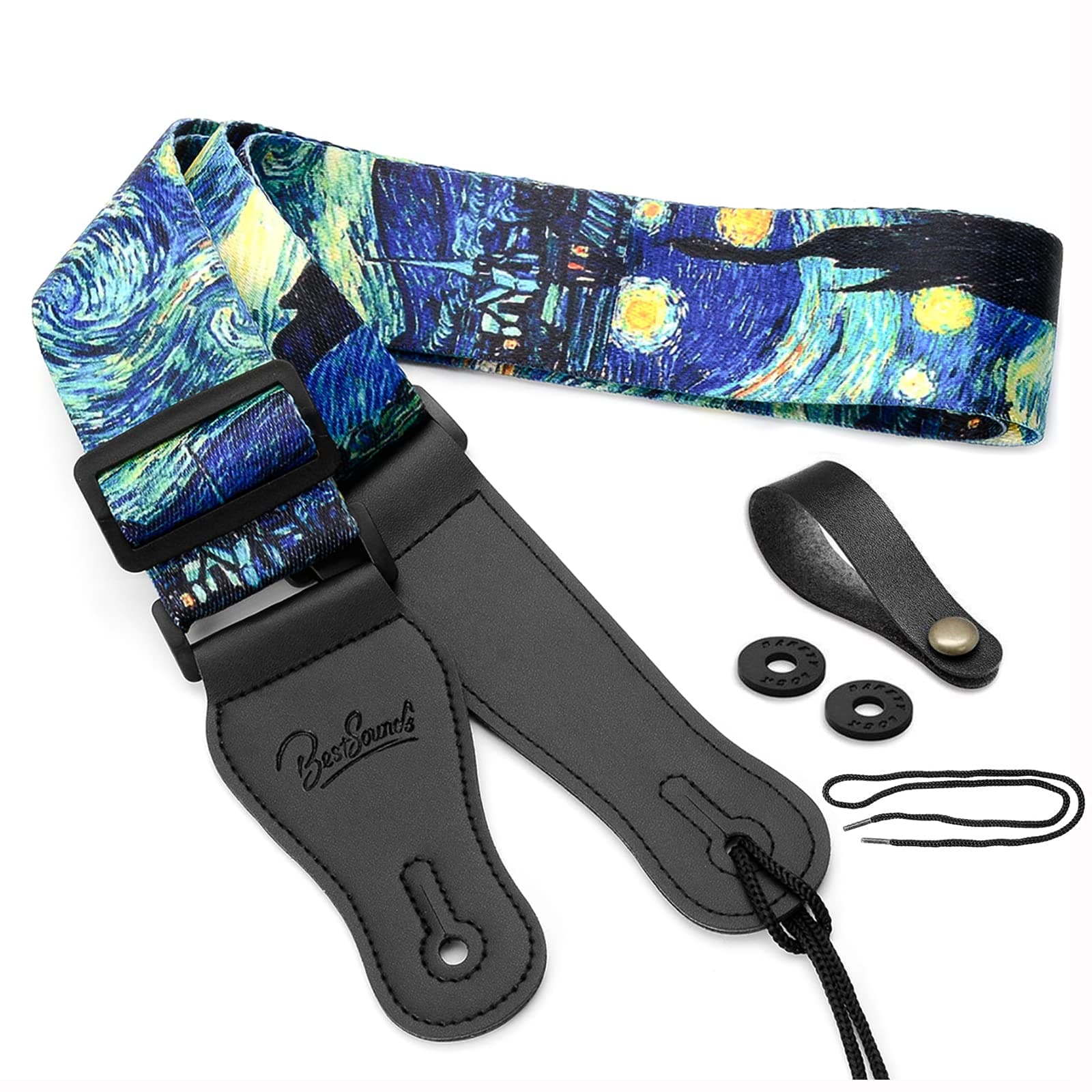 BestSounds Van Gogh Starry Night Guitar Strap with Button & Locks, Adjustable for Bass, Electric & Acoustic Guitar, Perf