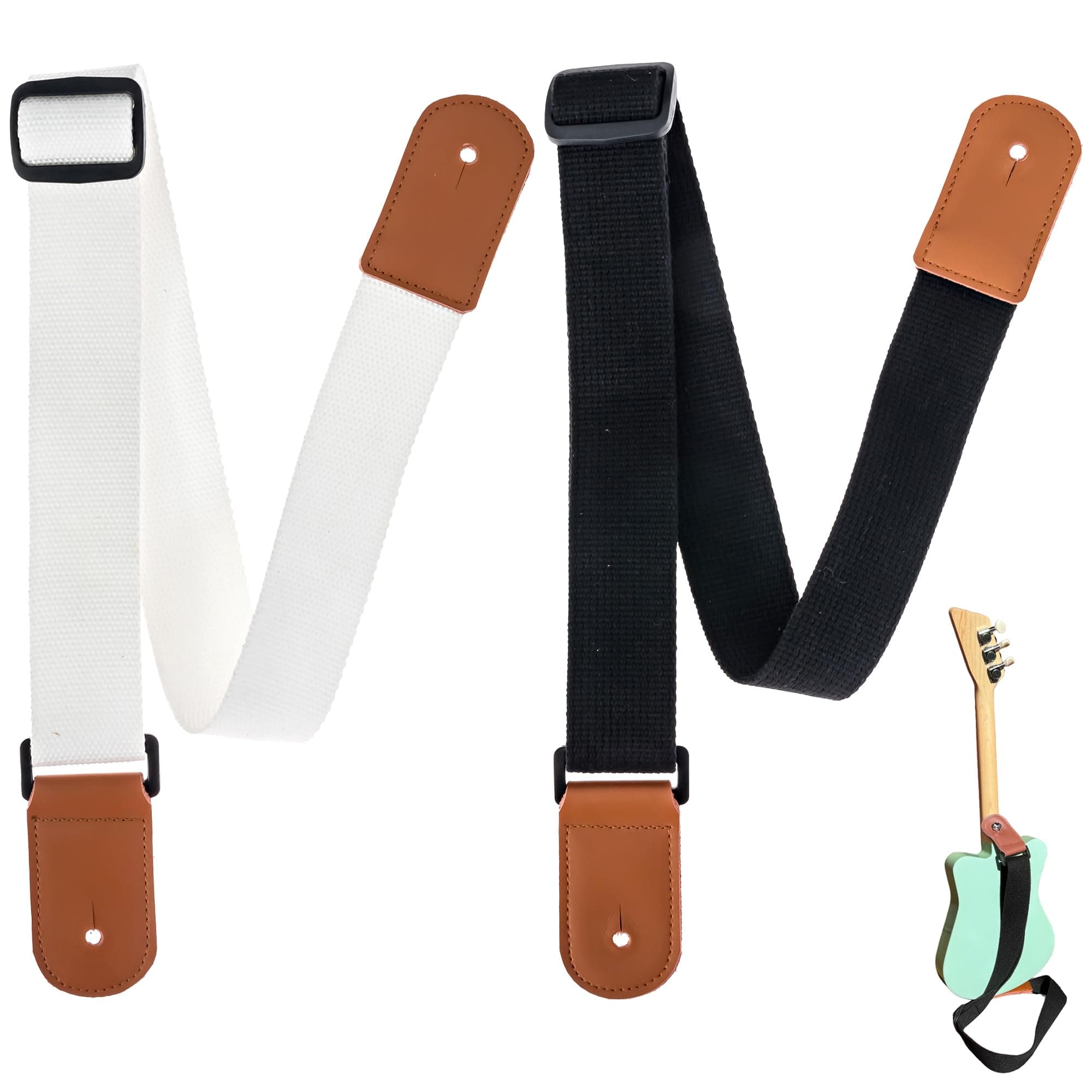 2 Pack Kids Guitar Strap - White + Black with Leather Ends - Perfect for Mini Guitars & Ukuleles - Extends to 39"