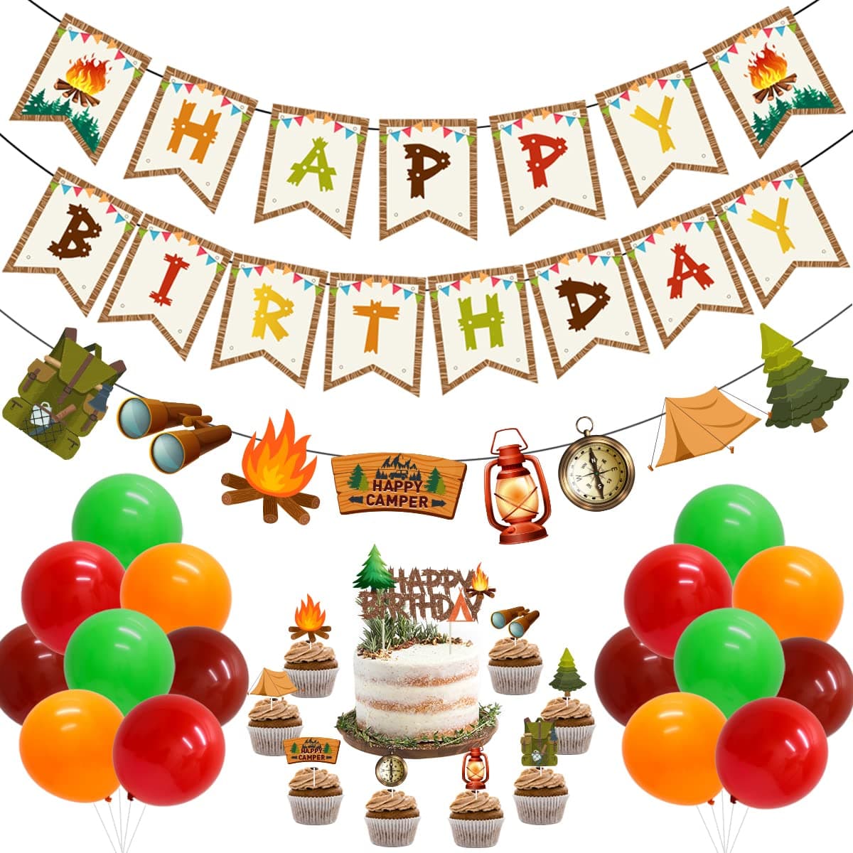 Camping Birthday Decoration Kit - Banner, Garland, Balloons, Cake Toppers, Tent Decorations