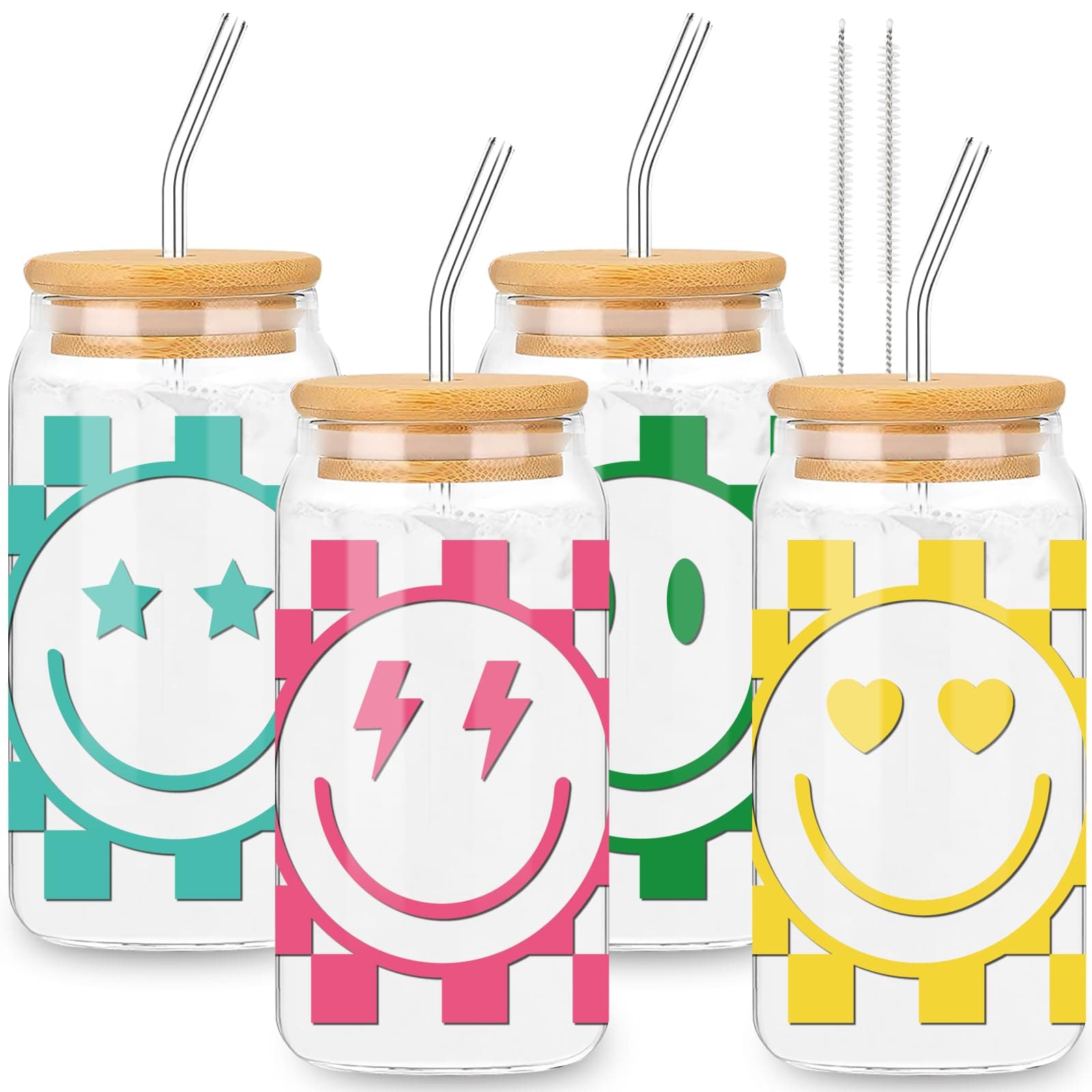 Preppy Checkered Happy Face Drinking Glasses Set for Cocktails and more
