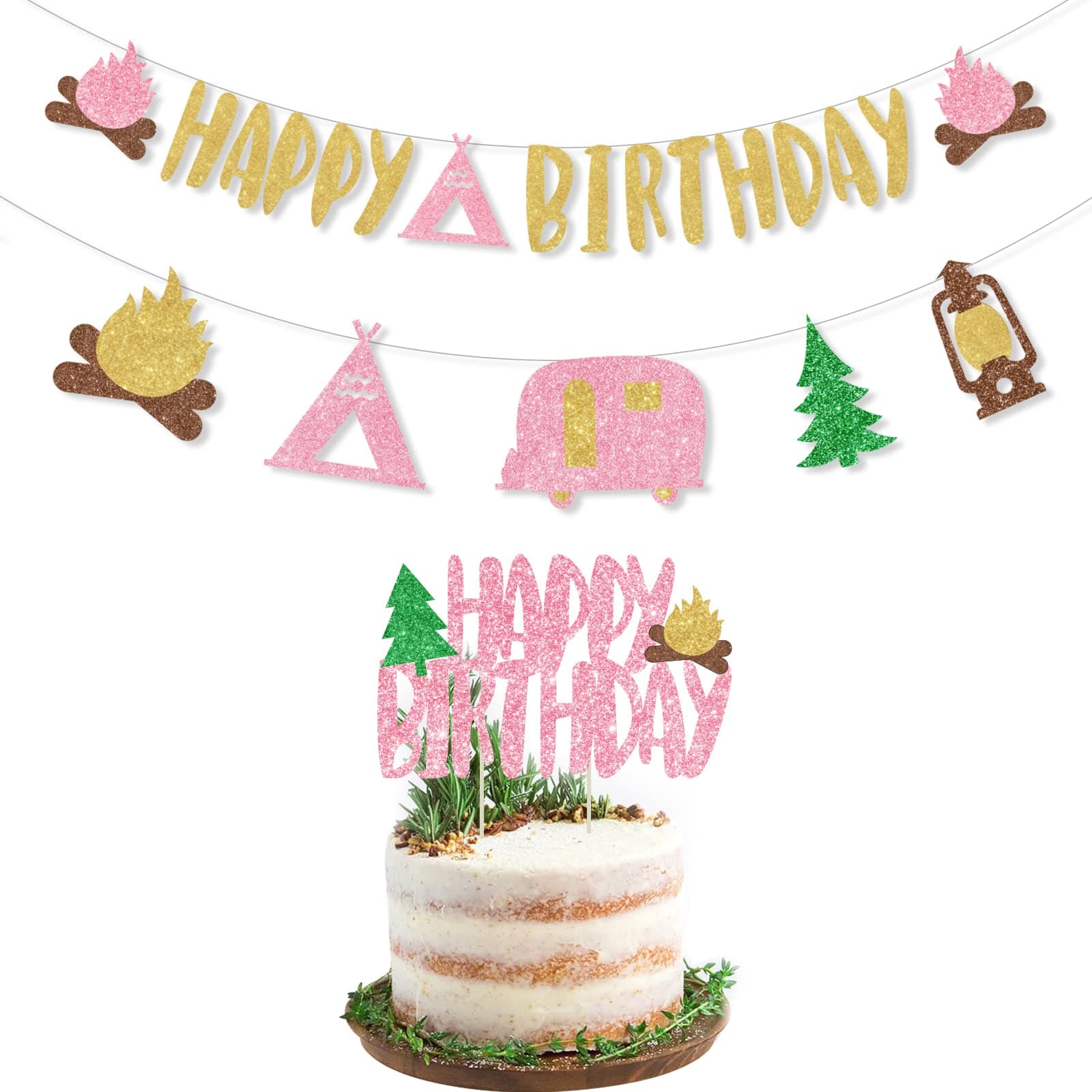 Pink Glitter Camping Birthday Banner & Toppers for Girl Parties